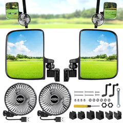 NOKINS No Drilling Golf Cart Mirrors & Fans | 2-Pack | Fits 0.75"/1"/1.25" Square Tube, Club Car/EZGO/Yamaha | 180° Adjustable