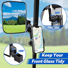 NOKINS 2-in-1 Golf Cart Side Mirrors & Phone Holder | No Drilling | Fits Club Car, EZGO TXT RXV, Yamaha | 0.75"/1"/1.25" Square Tube | 180° Adjustable