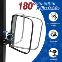 NOKINS No-Drilling Golf Cart Side Mirrors | Folding, 180° Adjustable HD Glass | Fits Club Car, EZGO TXT/RXV, Yamaha | 0.75"/1"/1.25" Square Tubes