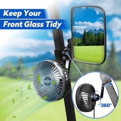 NOKINS No Drilling Golf Cart Mirrors & Fans | 2-Pack | Fits 0.75"/1"/1.25" Square Tube, Club Car/EZGO/Yamaha | 180° Adjustable