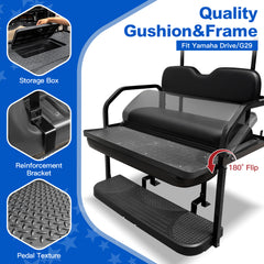 NOKINS Golf Cart Rear Seat Kit, Back Flip Seat for Yamaha Drive/G29, 1.25-Inch Square Steel Frame, Integrated Seat Belt Mounts, UV-Resistant, High-Density Foam Padding(Black)