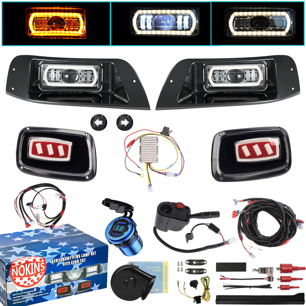 NOKINS Deluxe Plus LED Light Kit | Fits EZGO TXT 1996-2013 (Gas/Electric) | 20A DC Converter, USB, Low/High Beam, DRL, Brake Switch