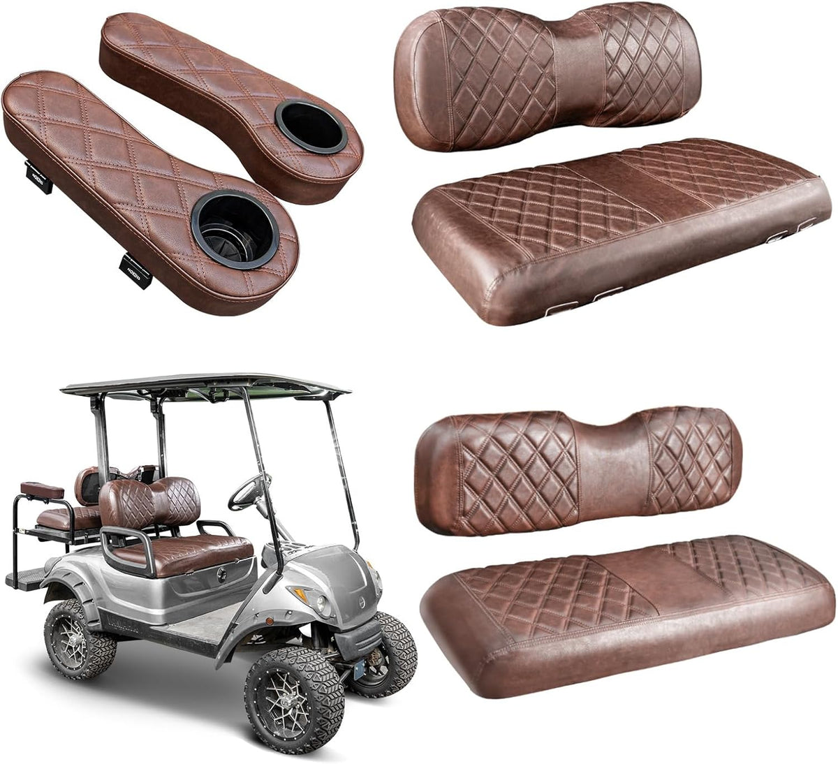 NOKINS Golf Cart Seat Covers for YAMAHA/G29/Drive2, Vinyl Front&Rear Seat Cover with Flip-Up Armrests kit, with Cup Holder, for 1" Square Tube