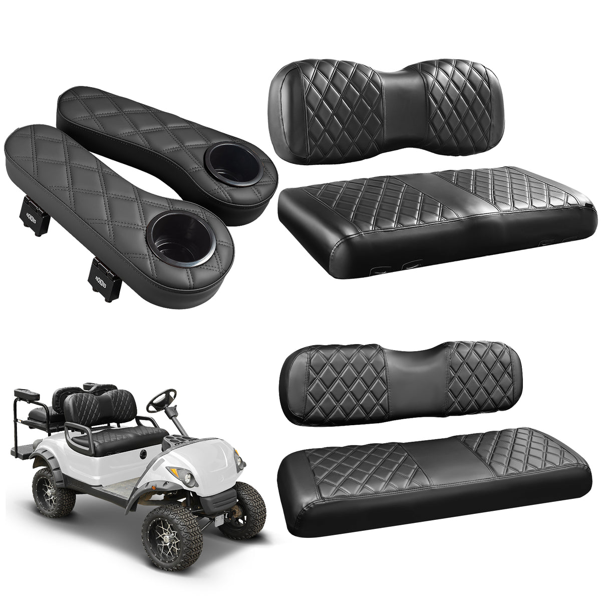 NOKINS Golf Cart Seat Covers for YAMAHA/G29/Drive2, Vinyl Front&Rear Seat Cover with Flip-Up Armrests kit, with Cup Holder, for 1" Square Tube