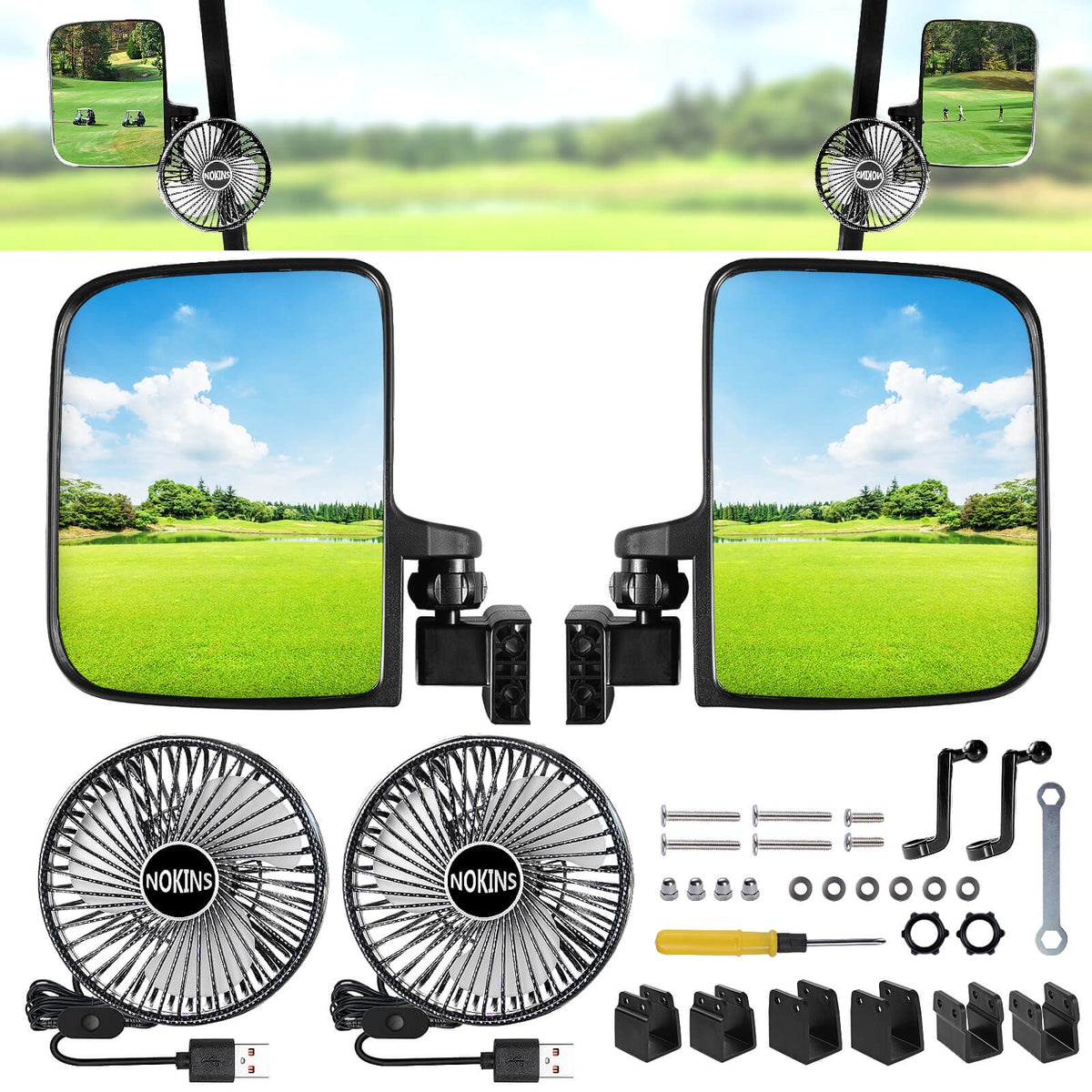 NOKINS No Drilling Golf Cart Mirrors & Fans | 2-Pack | Fits 0.75"/1"/1.25" Square Tube, Club Car/EZGO/Yamaha | 180° Adjustable