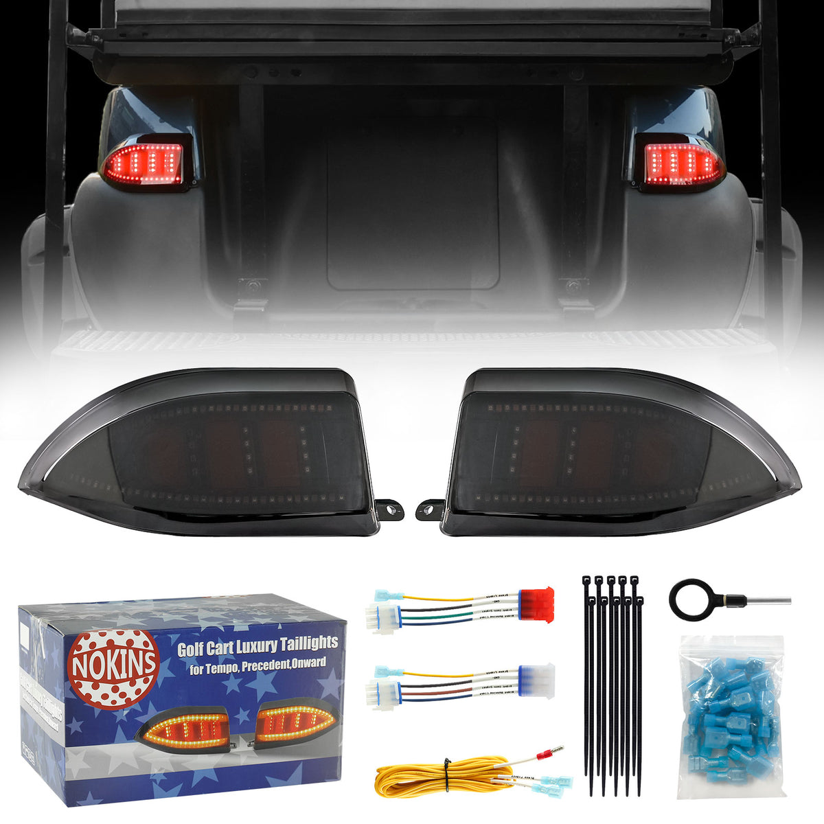 NOKINS Golf Cart LED Tail Lights | Fits Club Car Tempo/Precedent | Deluxe Brake Light | 12V Universal | Gas & Electric Models