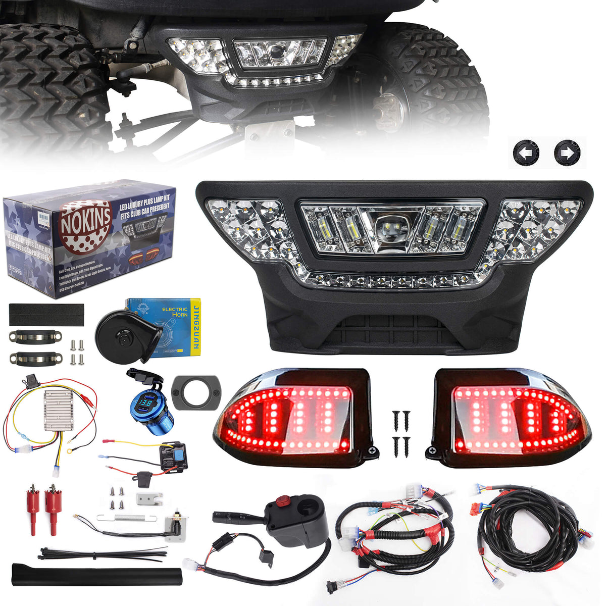 NOKINS LED Light Kit for Club Car Precedent | Deluxe Headlight, Low/High Beam | QC3.0 USB, Scanning Turn Signals | 20A DC Converter