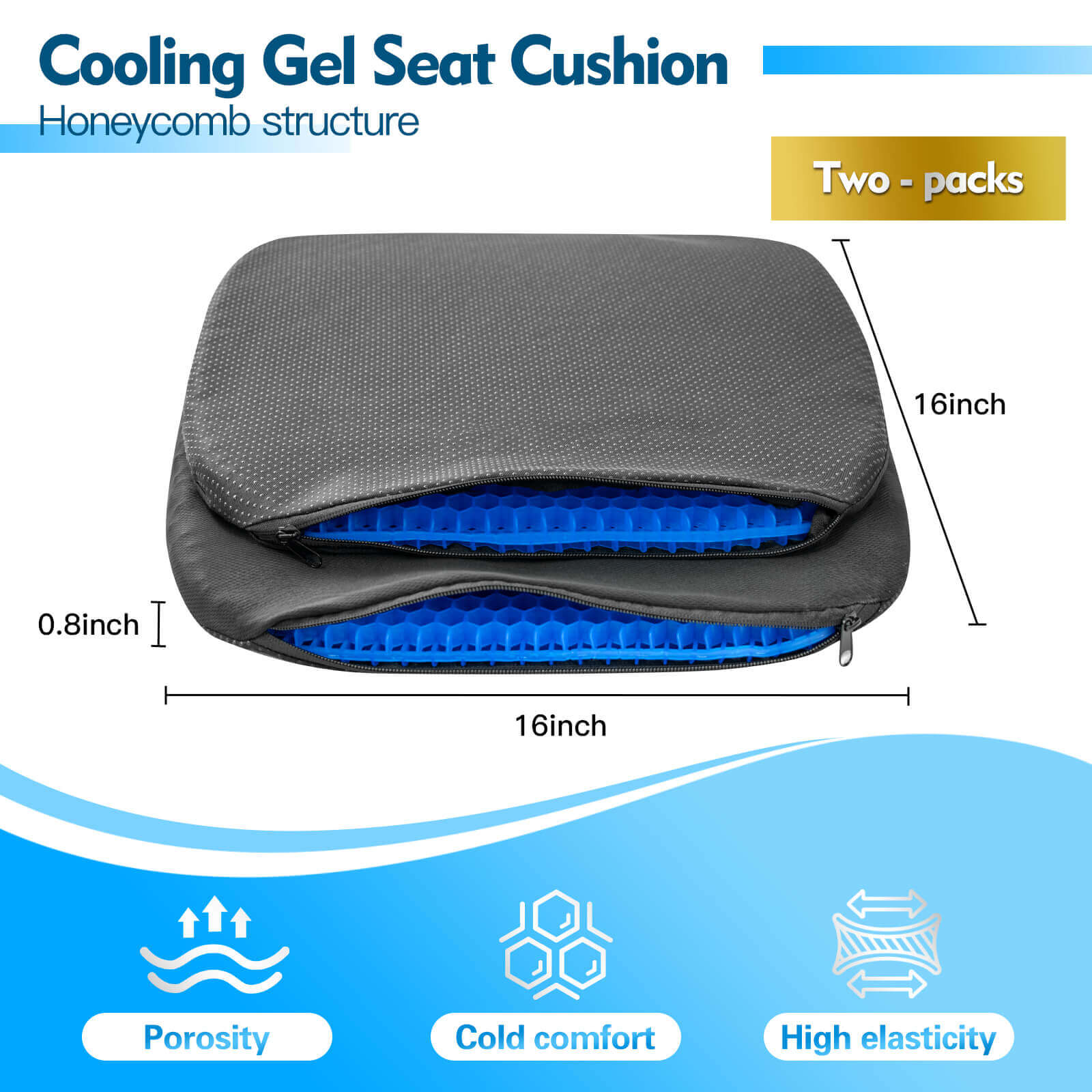NOKINS Thick Gel Golf Cart Seat Cushion | 2-Pack, Blue | Honeycomb Breathable | Fits EZGO TXT/RXV/Club Car DS/Precedent/Yamaha