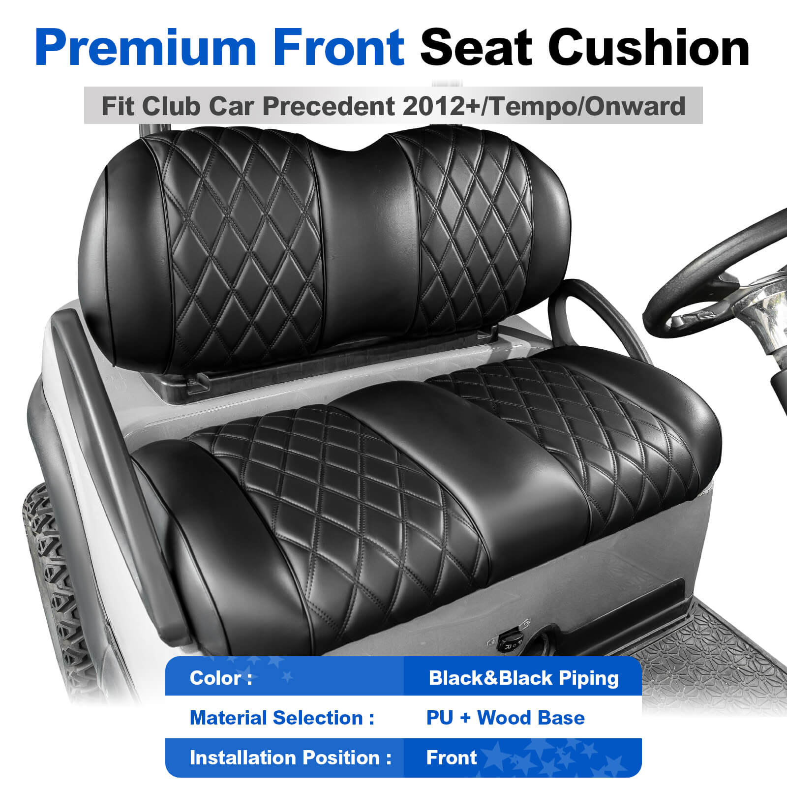 NOKINS Golf Cart Front Seat Kit | Fits Club Car Precedent 2012+/Tempo/Onward | Seat Back & Bottom, Black&Black Piping