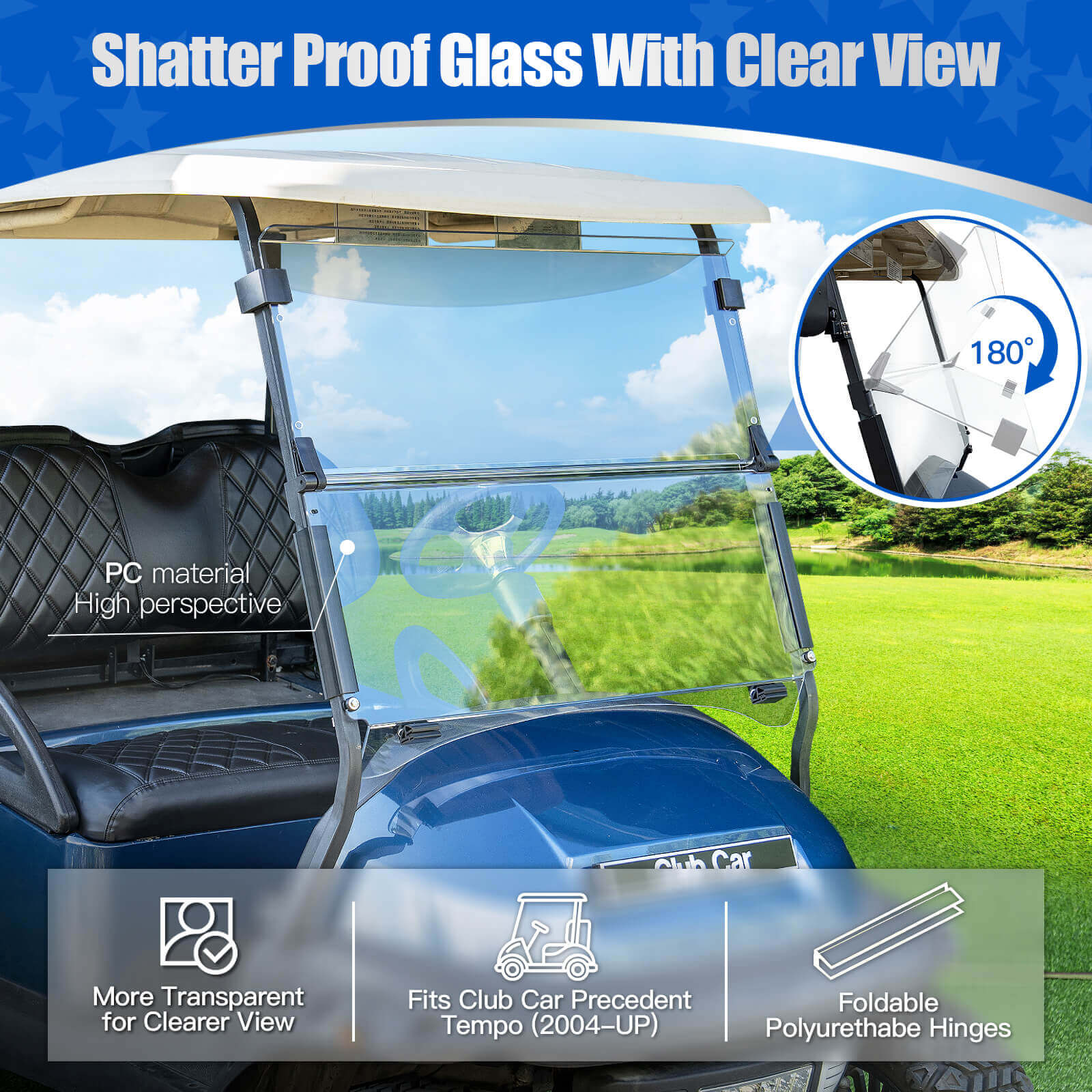 NOKINS 5MM Thick Golf Cart Windshield | Fits Club Car Precedent/Tempo 04-Up (Gas/Electric) | Clear, Anti-Impact, Easy-Install