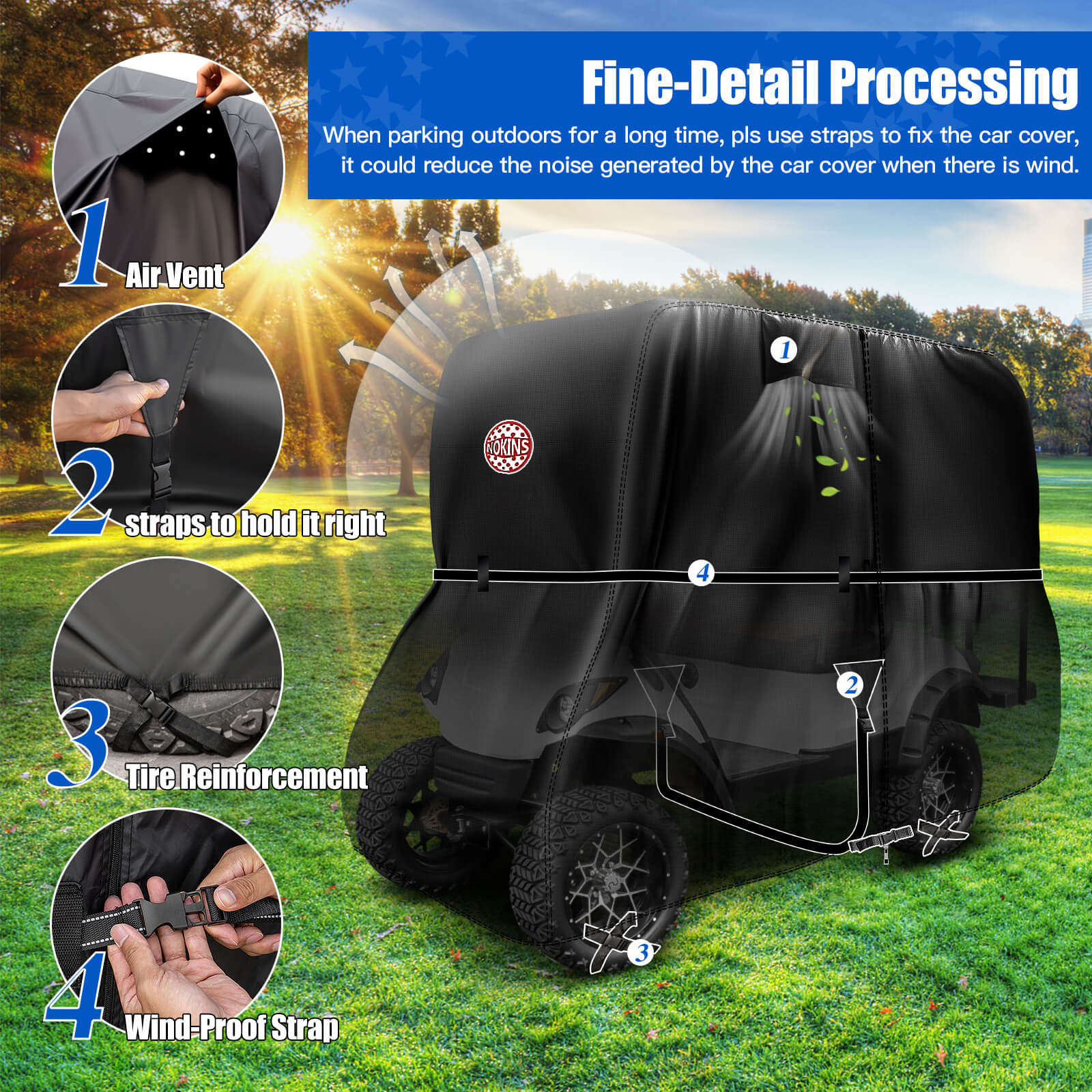 NOKINS 420D Waterproof Golf Cart Cover | 2+2 Seater | Fits Yamaha Drive/Drive 2 | Windproof, Double Zipper Doors, Black