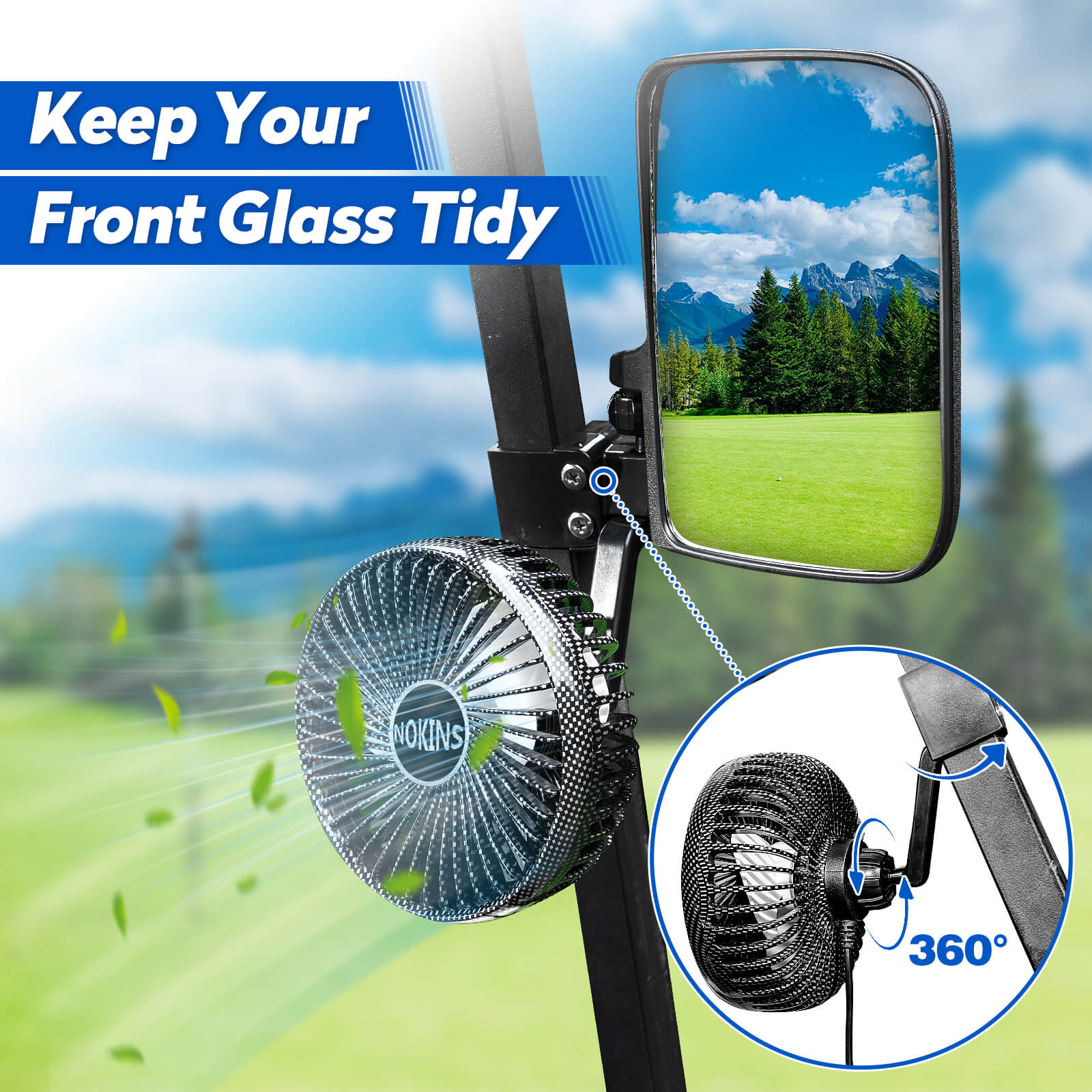NOKINS No Drilling Golf Cart Mirrors & Fans | 2-Pack | Fits 0.75"/1"/1.25" Square Tube, Club Car/EZGO/Yamaha | 180° Adjustable