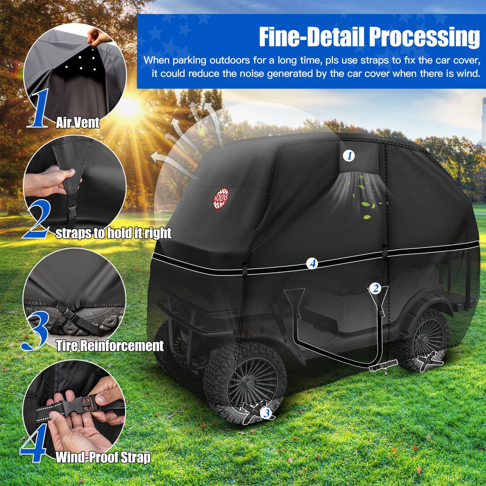 NOKINS 420D Waterproof Golf Cart Cover | 2+2 Seater | Fits EZGO/Club Car | Windproof, Double Zipper Doors, Black