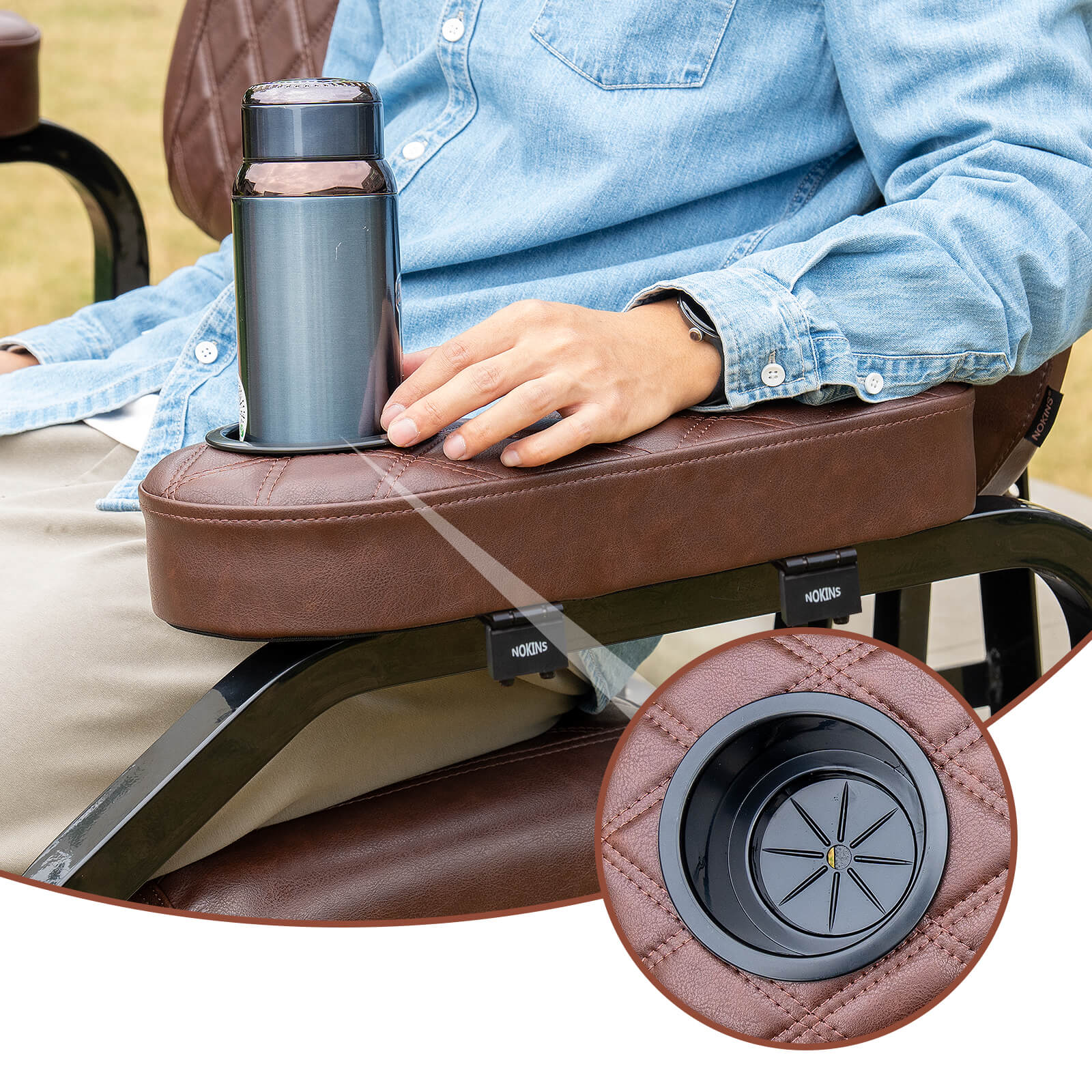 NOKINS Flip Hinged Rear Armrest with Cup Holder | No Drilling | Fits 1" Square Tube, EZGO/Club Car/Yamaha | Brown&Brown 8438