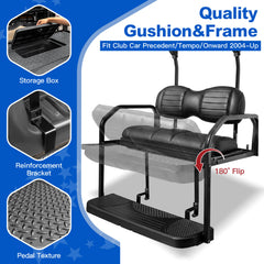 NOKINS Golf Cart Premium Rear Seat Kit, Back Flip Seat for Club Car Precedent/Tempo/Onward 2004-Up, 1.25-Inch Square Steel Frame, Integrated Seat Belt Mounts, UV-Resistant(Black)