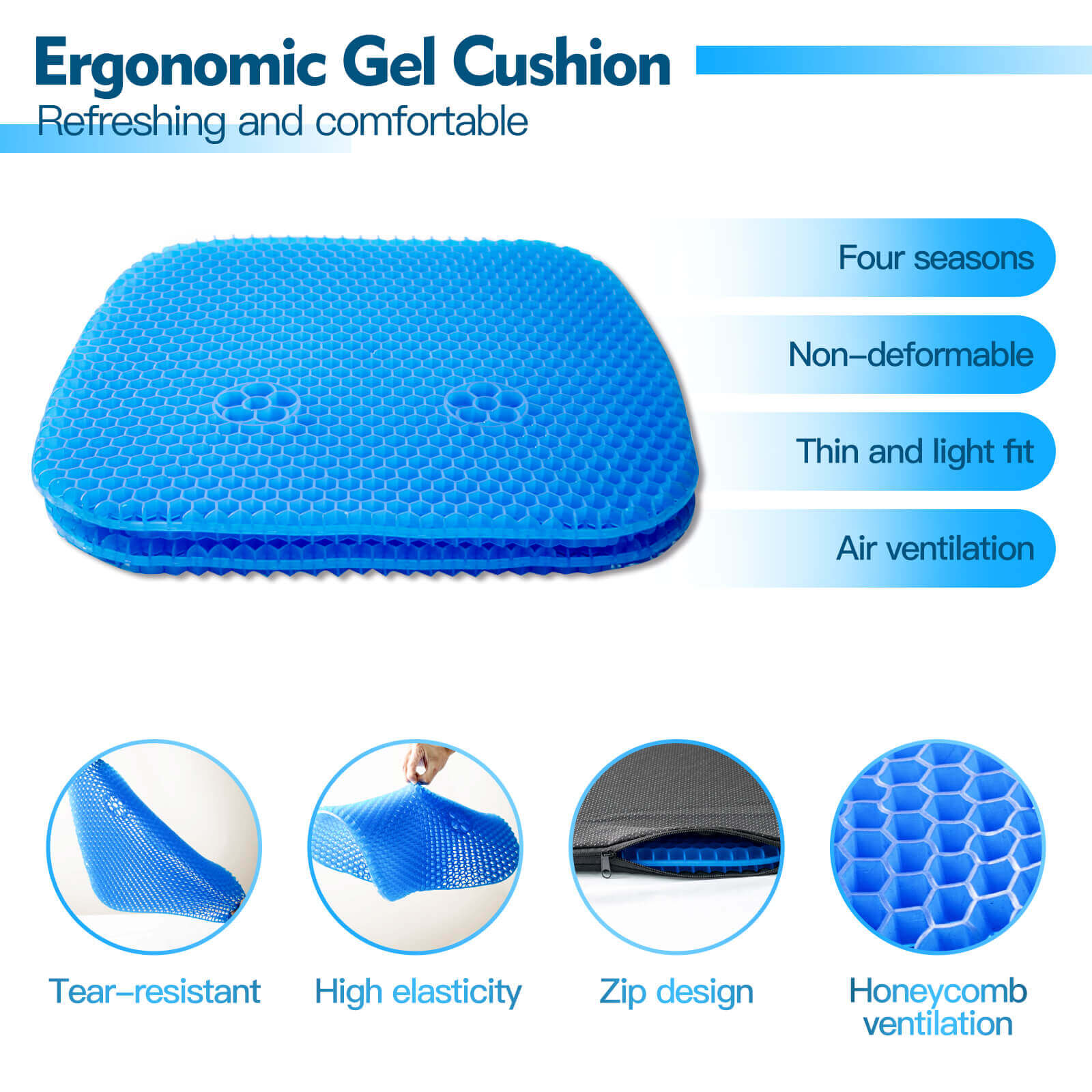 NOKINS Thick Gel Golf Cart Seat Cushion | 2-Pack, Blue | Honeycomb Breathable | Fits EZGO TXT/RXV/Club Car DS/Precedent/Yamaha
