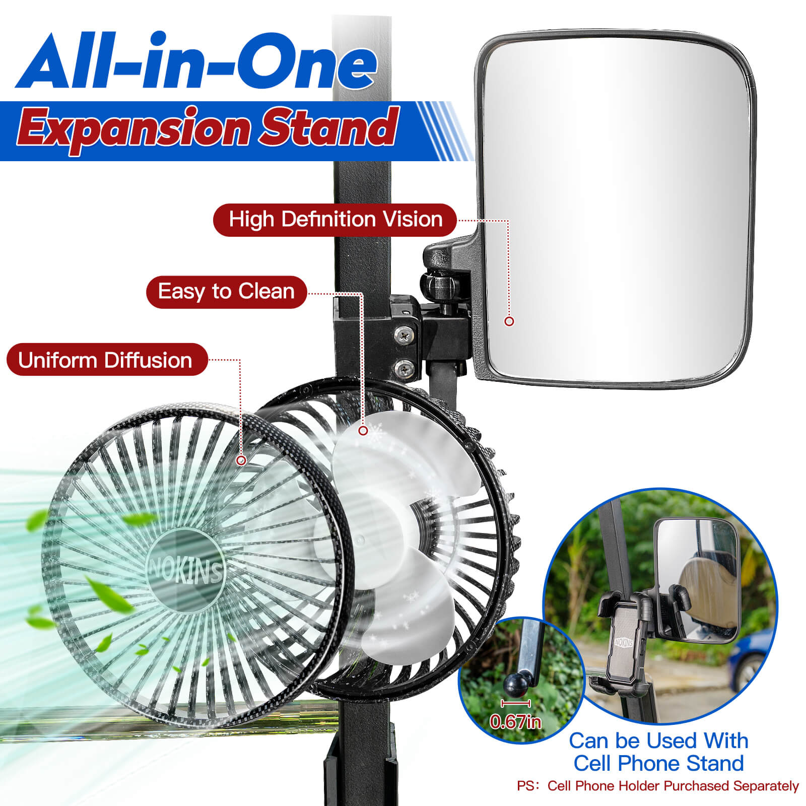 NOKINS No Drilling Golf Cart Mirrors & Fans | 2-Pack | Fits 0.75"/1"/1.25" Square Tube, Club Car/EZGO/Yamaha | 180° Adjustable