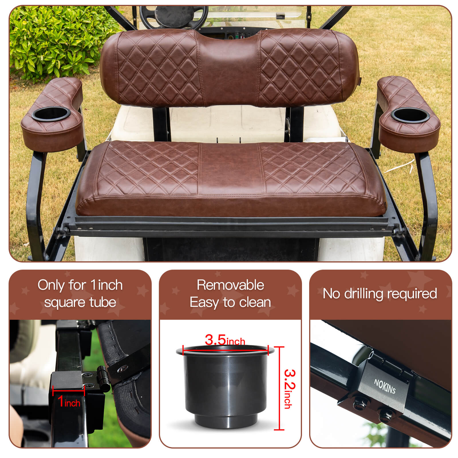 NOKINS Flip Hinged Rear Armrest with Cup Holder | No Drilling | Fits 1" Square Tube, EZGO/Club Car/Yamaha | Brown&Brown 8438