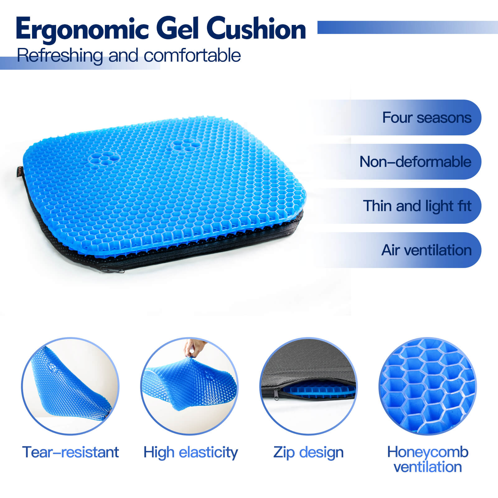 NOKINS Golf Cart Soft Gel Seat Cushion | Fits EZGO TXT/RXV, Club Car DS/Precedent, Yamaha | Thick, Breathable Honeycomb Design | Non-Slip Cover, Storage Bag (Blue, 1 PCS)