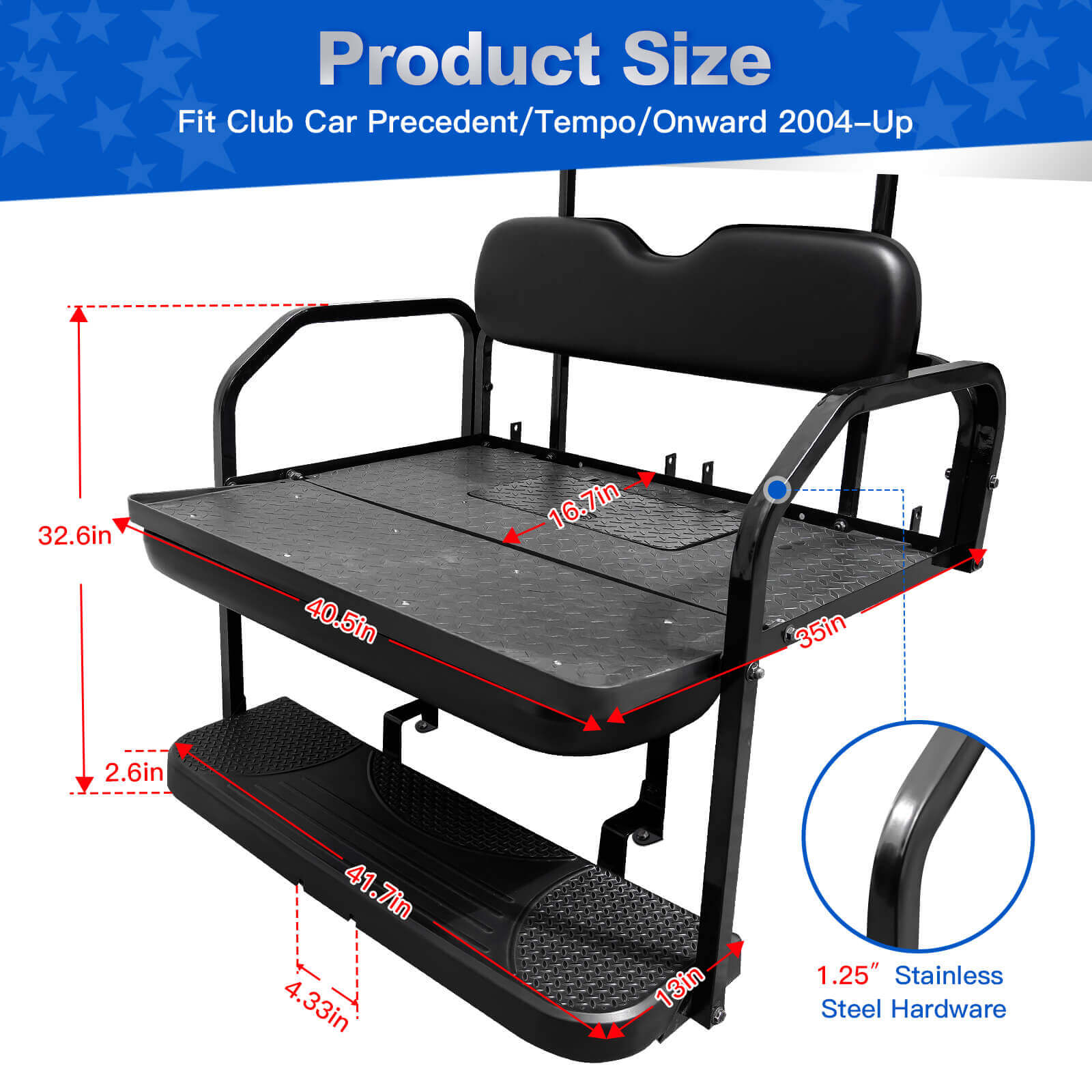 NOKINS Golf Cart Black Rear Flip Seat Kit for Club Car Precedent/Tempo/Onward 2004-Up | 1.25 Inch Steel Frame