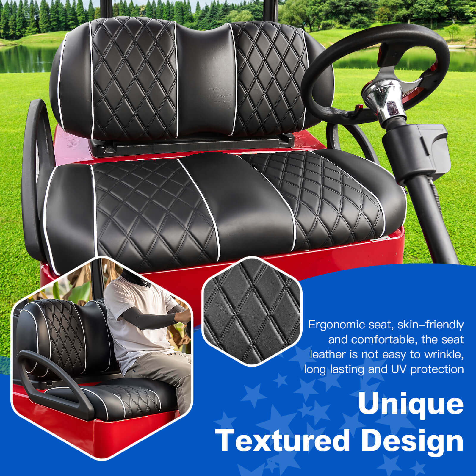 NOKINS Golf Cart Front Seat Kit | Fits Club Car Precedent 2012+/Tempo/Onward | Seat Back & Bottom, Black&White Piping