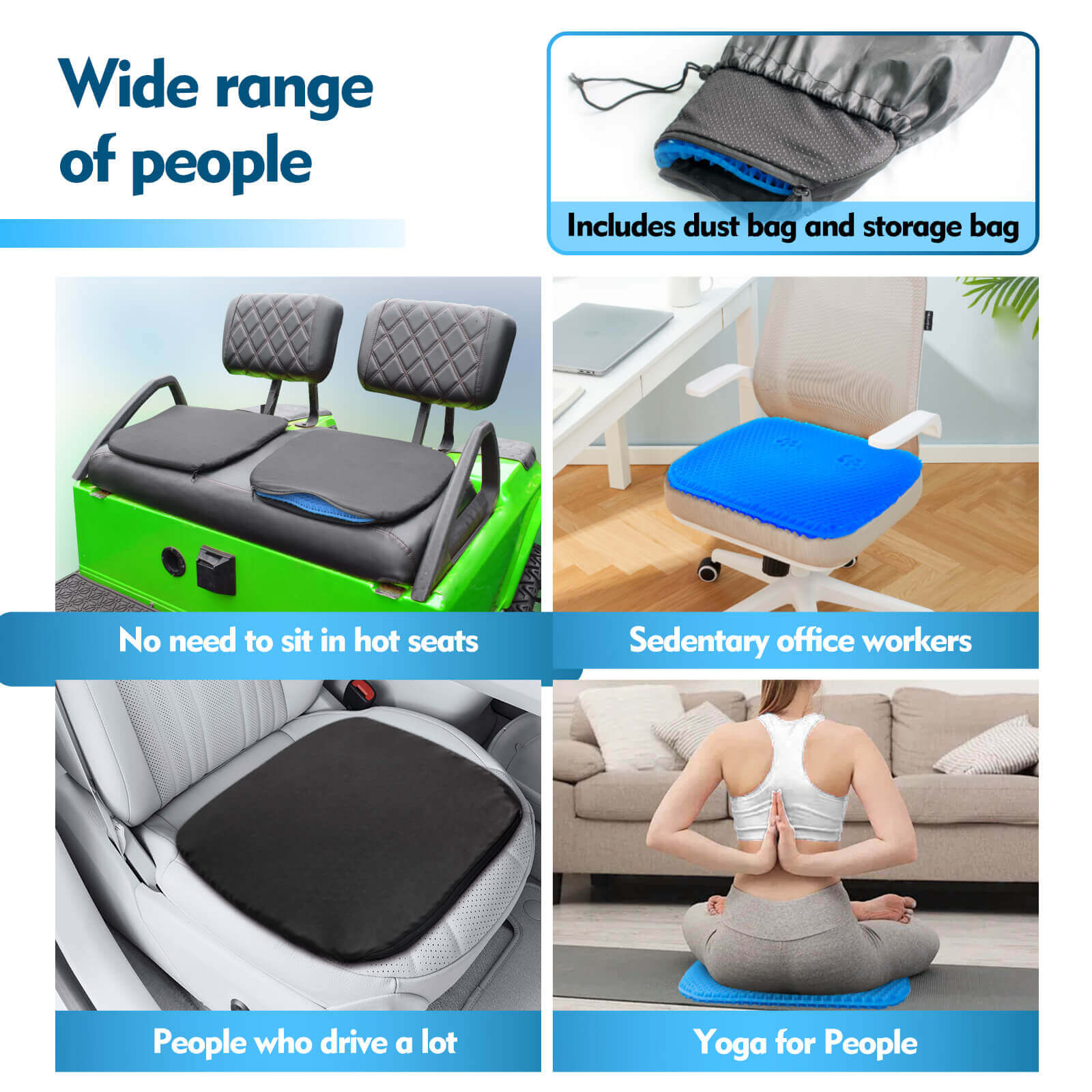 NOKINS Thick Gel Golf Cart Seat Cushion | 2-Pack, Blue | Honeycomb Breathable | Fits EZGO TXT/RXV/Club Car DS/Precedent/Yamaha