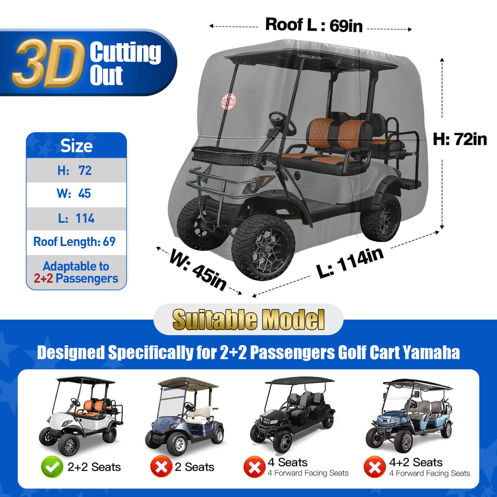 NOKINS 420D Waterproof Golf Cart Cover | 2+2 Seater | Fits Yamaha Drive/Drive 2 | Windproof, Double Zipper Doors, Black