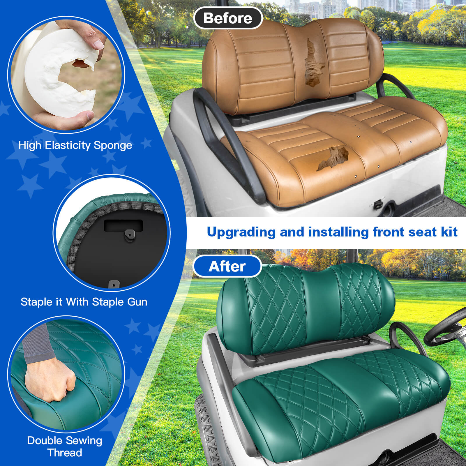NOKINS Golf Cart Front Seat Kit | Fits Club Car Precedent 2012+/Tempo/Onward | Seat Back & Bottom, Dark Green