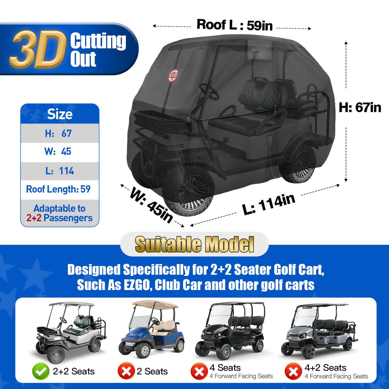 NOKINS 420D Waterproof Golf Cart Cover | 2+2 Seater | Fits EZGO/Club Car | Windproof, Double Zipper Doors, Black