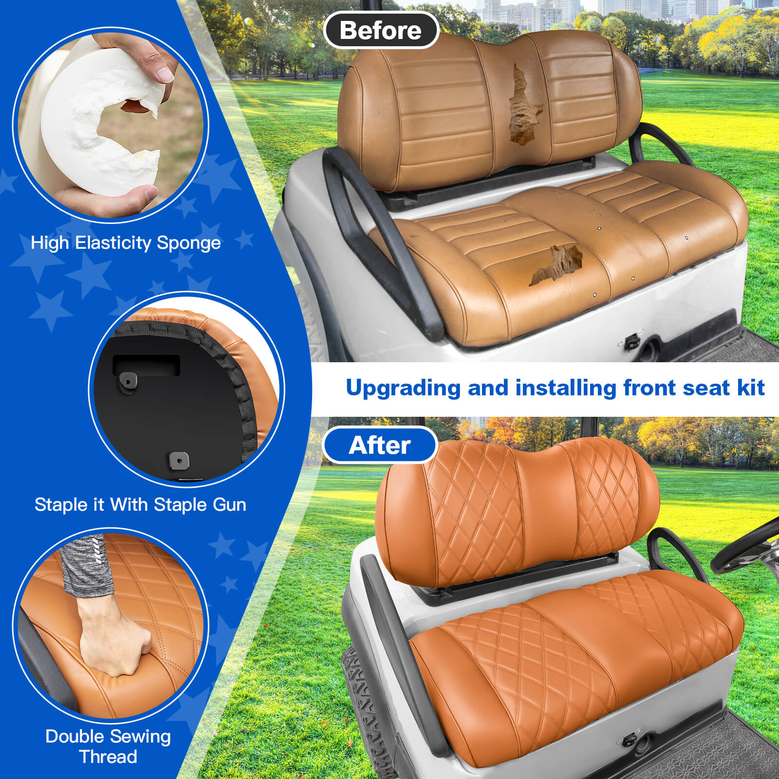 NOKINS Golf Cart Front Seat Kit | Fits Club Car Precedent 2012+/Tempo/Onward | Seat Back & Bottom, All Brown