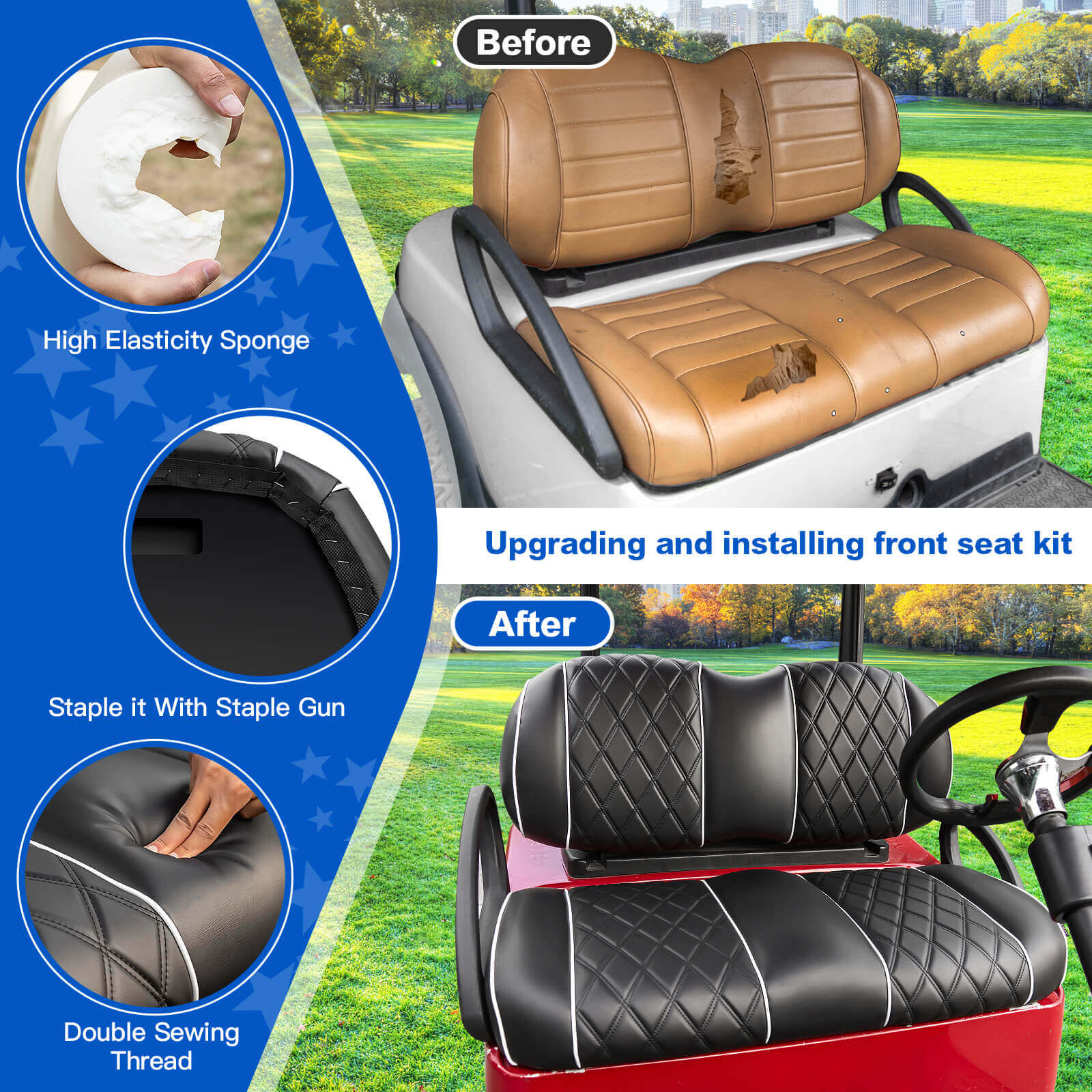 NOKINS Golf Cart Front Seat Kit | Fits Club Car Precedent 2012+/Tempo/Onward | Seat Back & Bottom, Black&White Piping