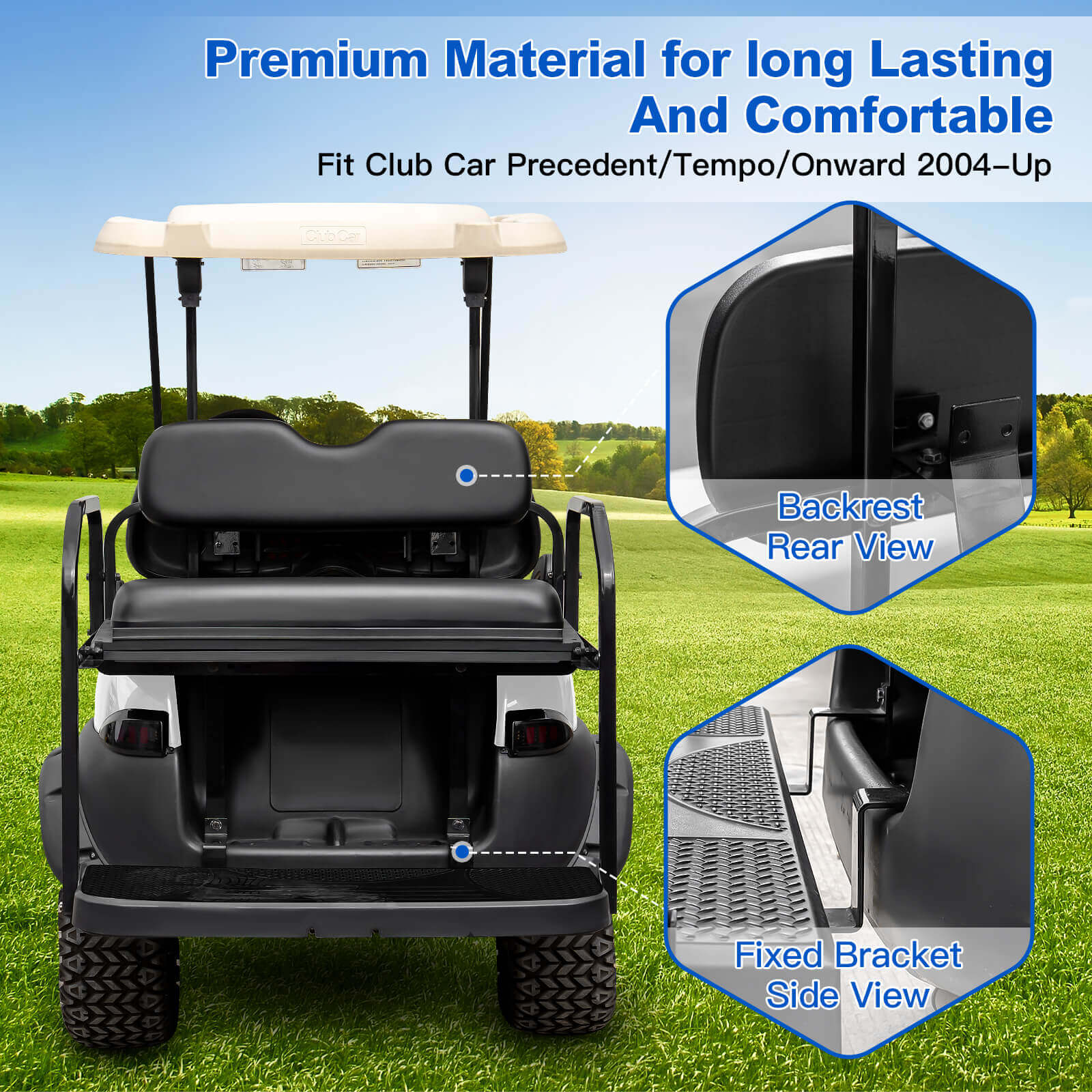 NOKINS Golf Cart Black Rear Flip Seat Kit for Club Car Precedent/Tempo/Onward 2004-Up | 1.25 Inch Steel Frame