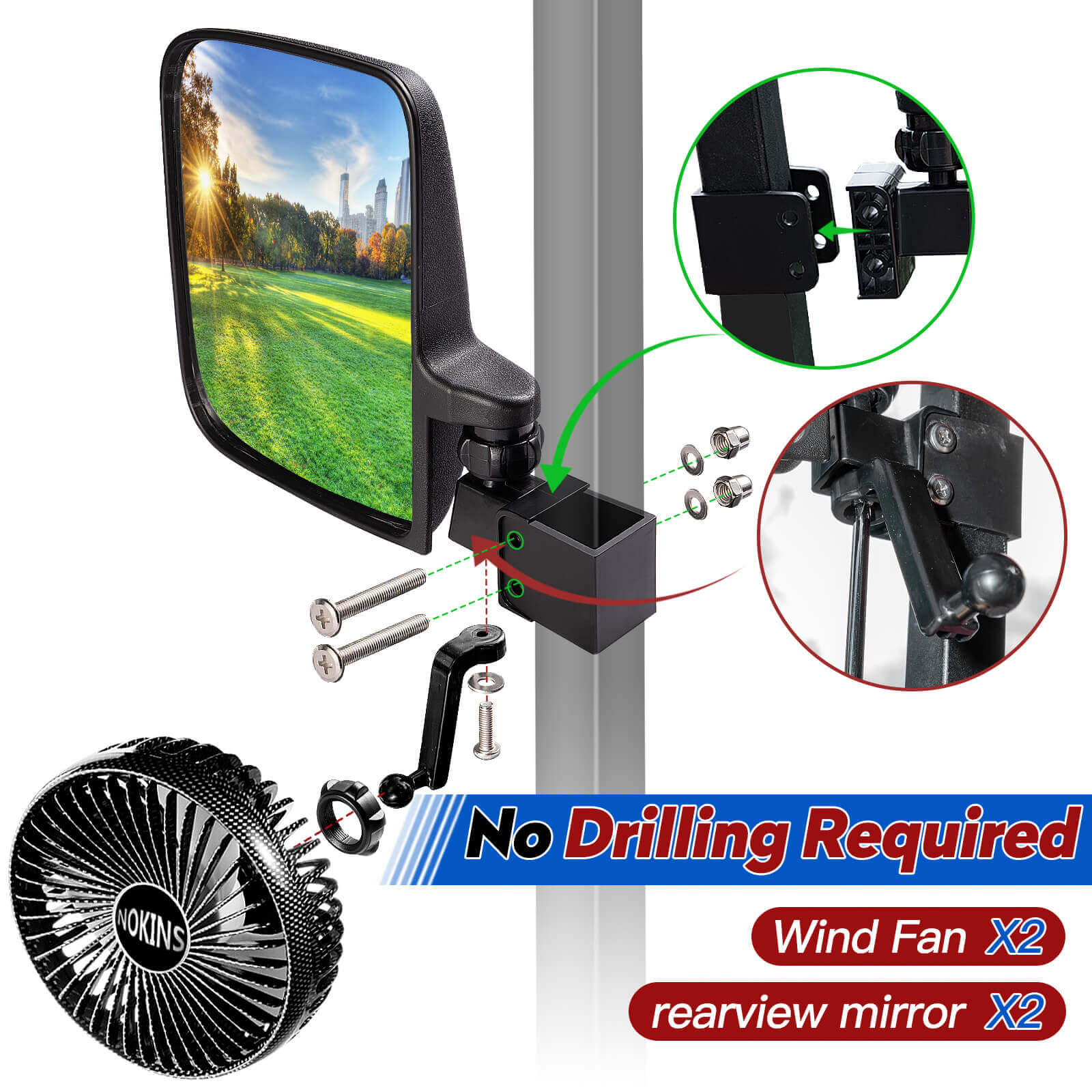 NOKINS No Drilling Golf Cart Mirrors & Fans | 2-Pack | Fits 0.75"/1"/1.25" Square Tube, Club Car/EZGO/Yamaha | 180° Adjustable