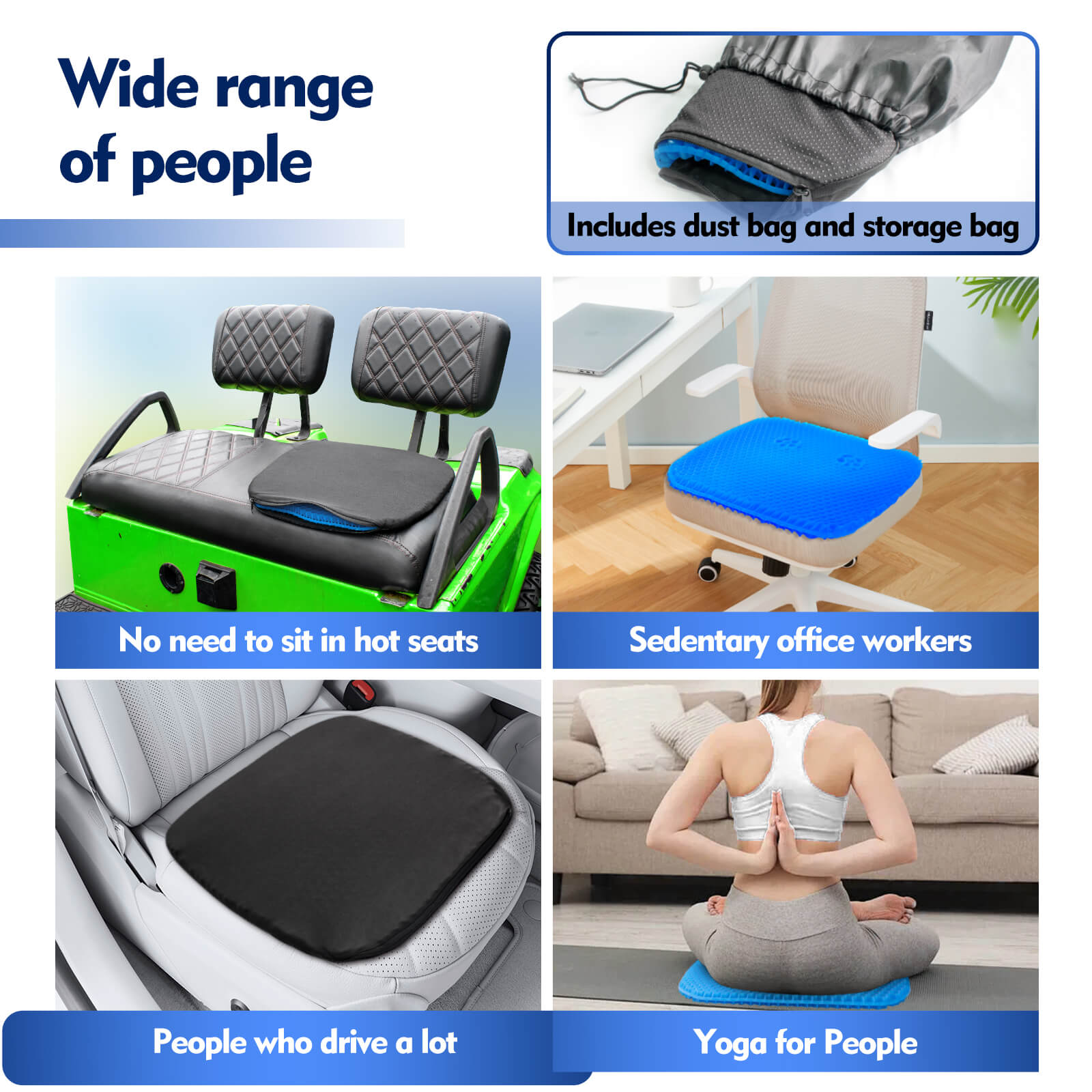 NOKINS Golf Cart Soft Gel Seat Cushion | Fits EZGO TXT/RXV, Club Car DS/Precedent, Yamaha | Thick, Breathable Honeycomb Design | Non-Slip Cover, Storage Bag (Blue, 1 PCS)