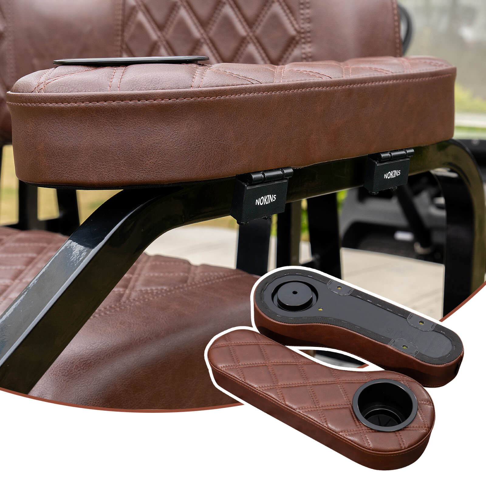 NOKINS Flip Hinged Rear Armrest with Cup Holder | No Drilling | Fits 1" Square Tube, EZGO/Club Car/Yamaha | Brown&Brown 8438