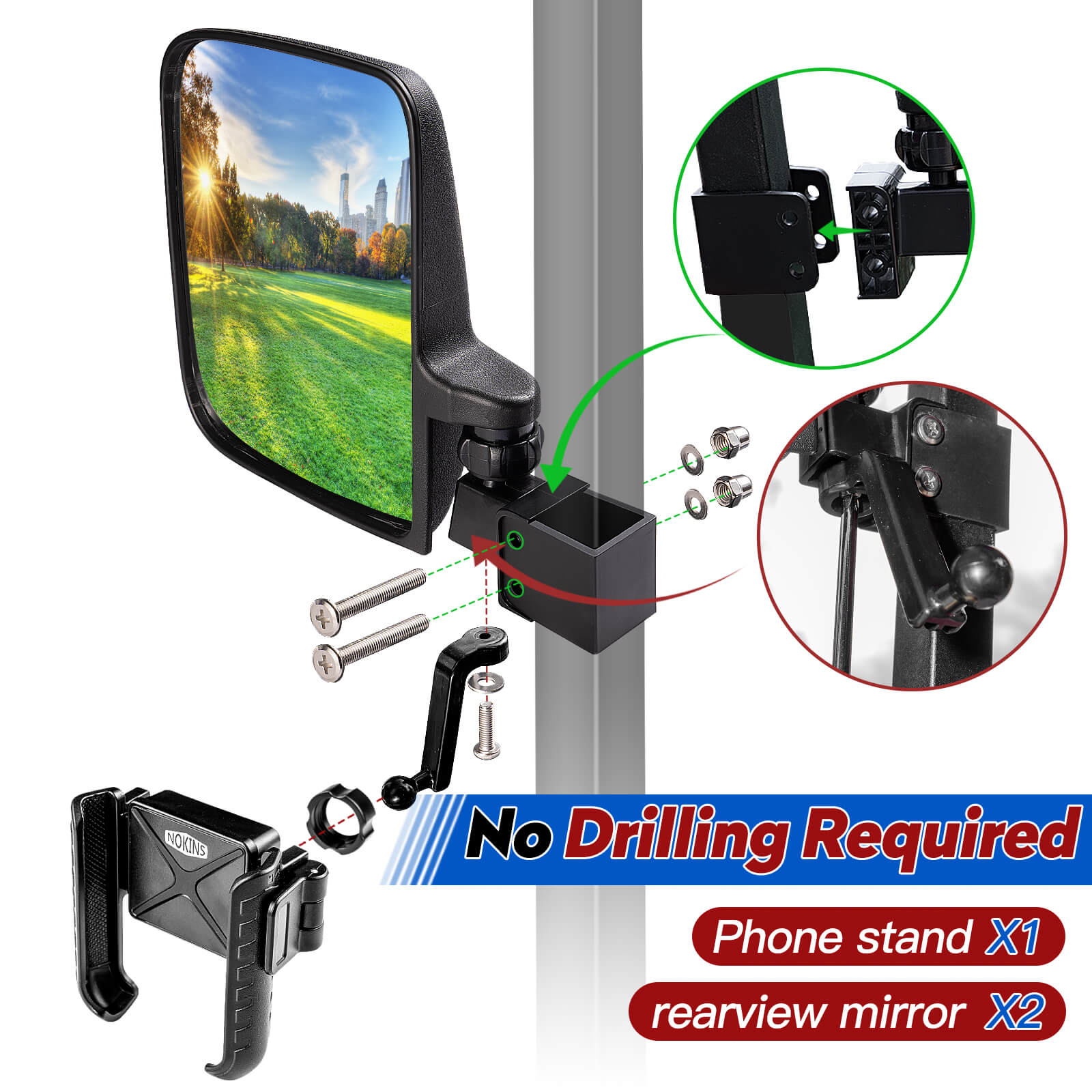 NOKINS 2-in-1 Golf Cart Side Mirrors & Phone Holder | No Drilling | Fits Club Car, EZGO TXT RXV, Yamaha | 0.75"/1"/1.25" Square Tube | 180° Adjustable