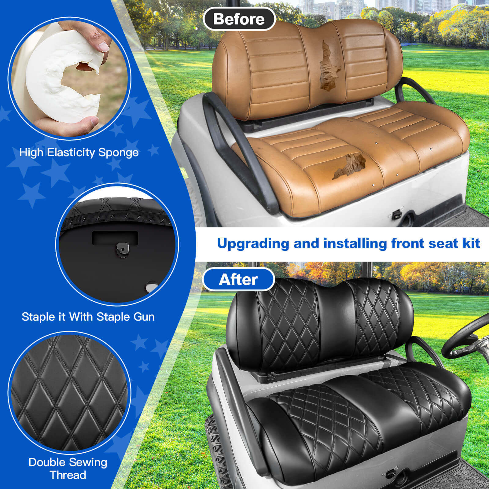 NOKINS Golf Cart Front Seat Kit | Fits Club Car Precedent 2012+/Tempo/Onward | Seat Back & Bottom, Black&Black Piping