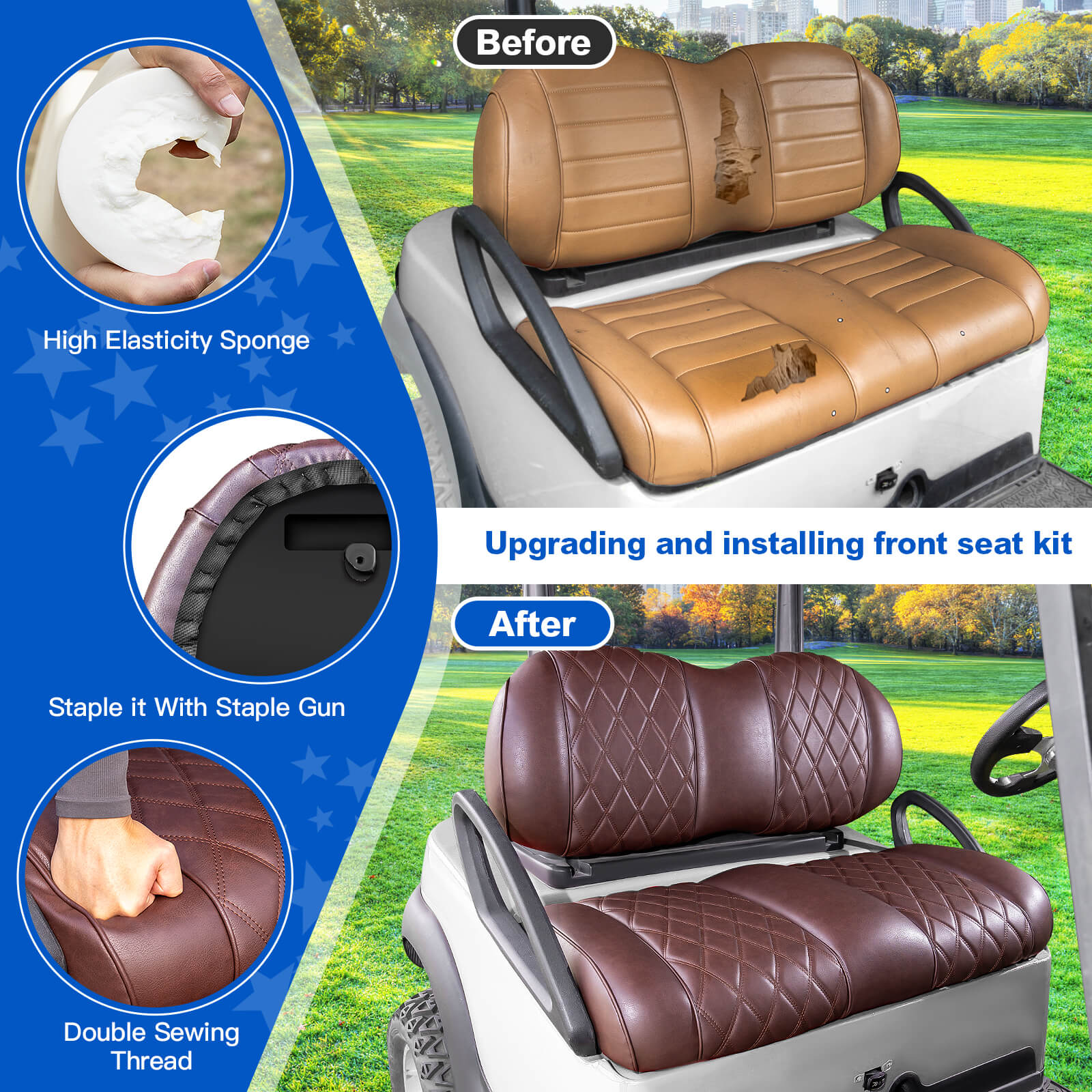 NOKINS Golf Cart Seat Kit Fit Club Car Precedent 2012+/Tempo/Onward, Premium Front Seat Cushion Including Seat Back&Bottom Assembly(Brown&Brown 8438)