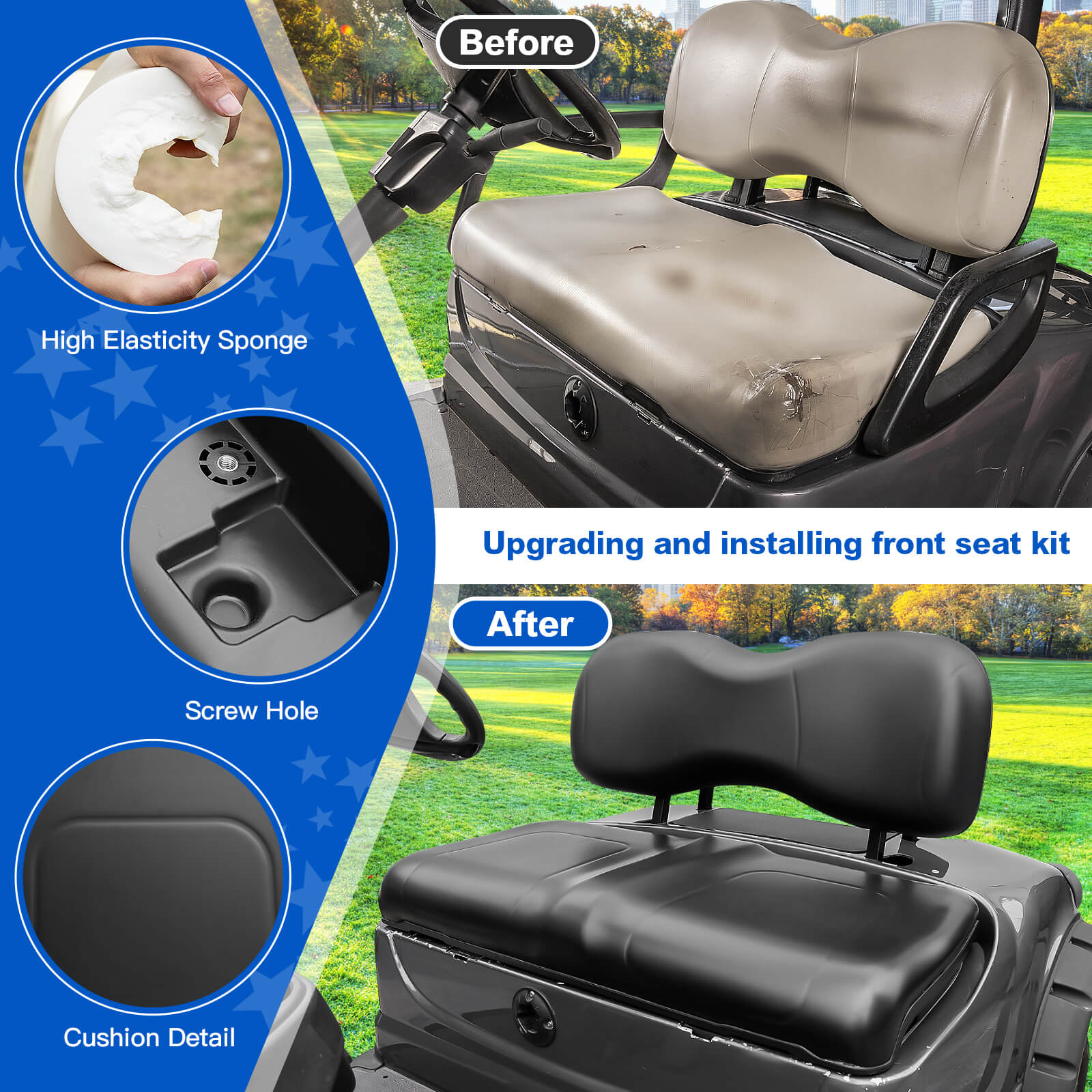 NOKINS Golf Cart Front Seat Cushion Kit | Fits Yamaha G29-2/Drive2 2017+, Black