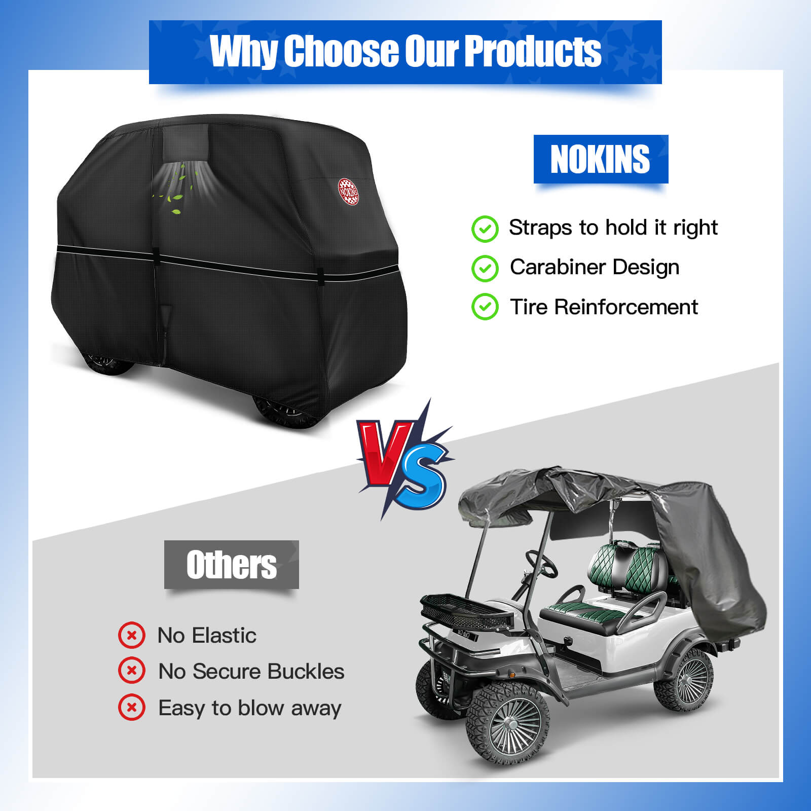 NOKINS 420D Waterproof Golf Cart Cover | 2+2 Seater | Fits EZGO/Club Car | Windproof, Double Zipper Doors, Black