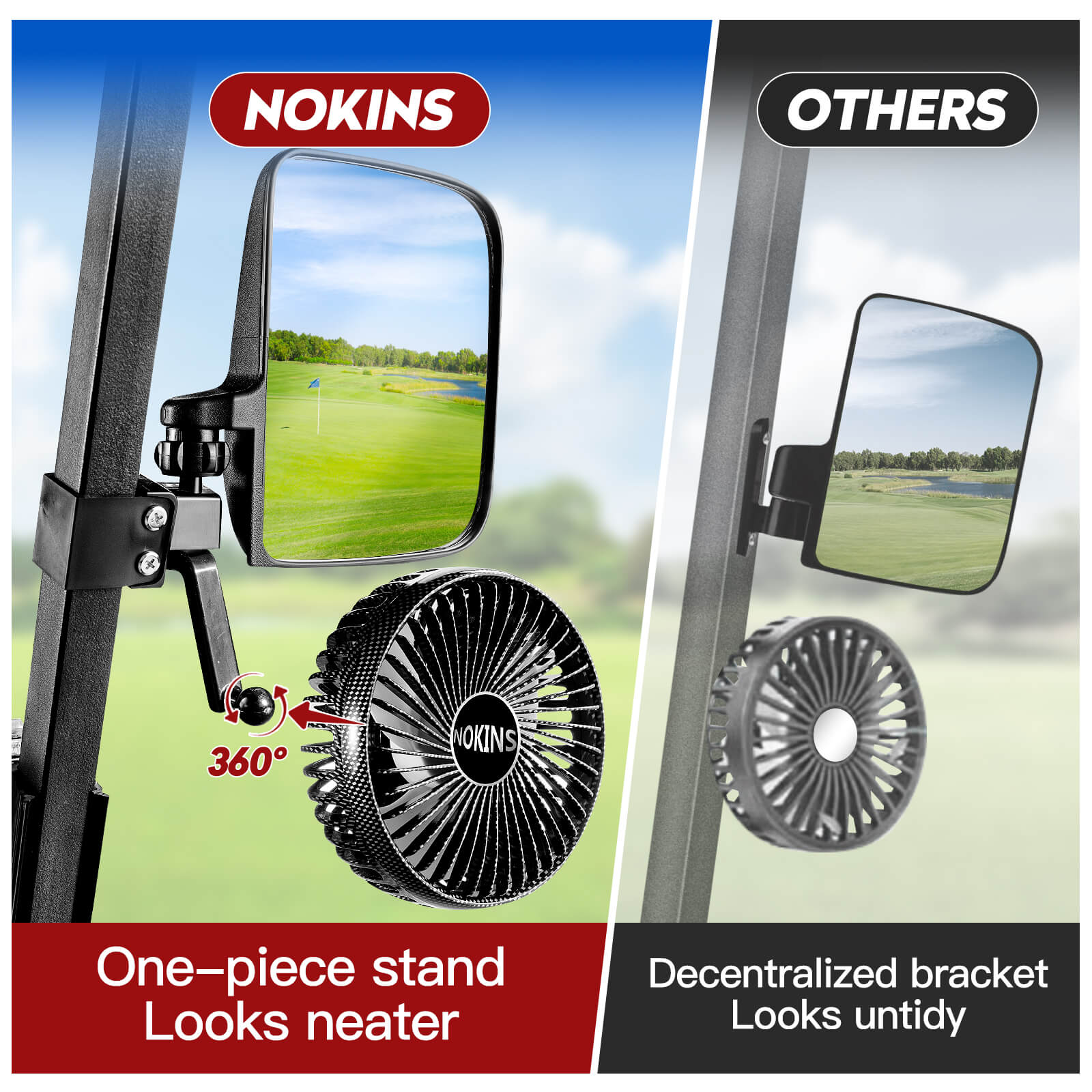 NOKINS No Drilling Golf Cart Mirrors & Fans | 2-Pack | Fits 0.75"/1"/1.25" Square Tube, Club Car/EZGO/Yamaha | 180° Adjustable