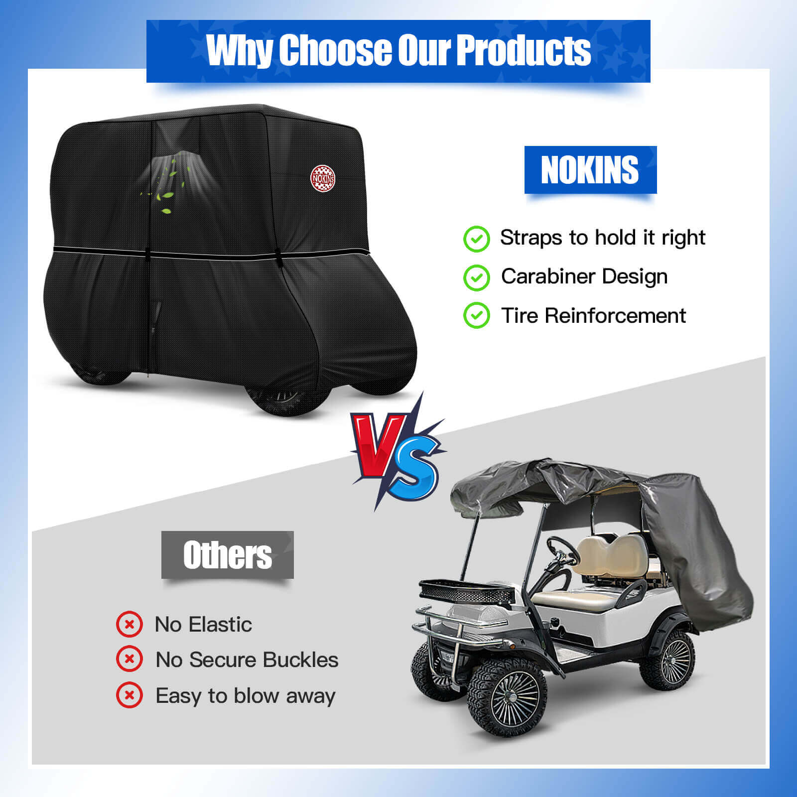 NOKINS 420D Waterproof Golf Cart Cover | 2+2 Seater | Fits Yamaha Drive/Drive 2 | Windproof, Double Zipper Doors, Black