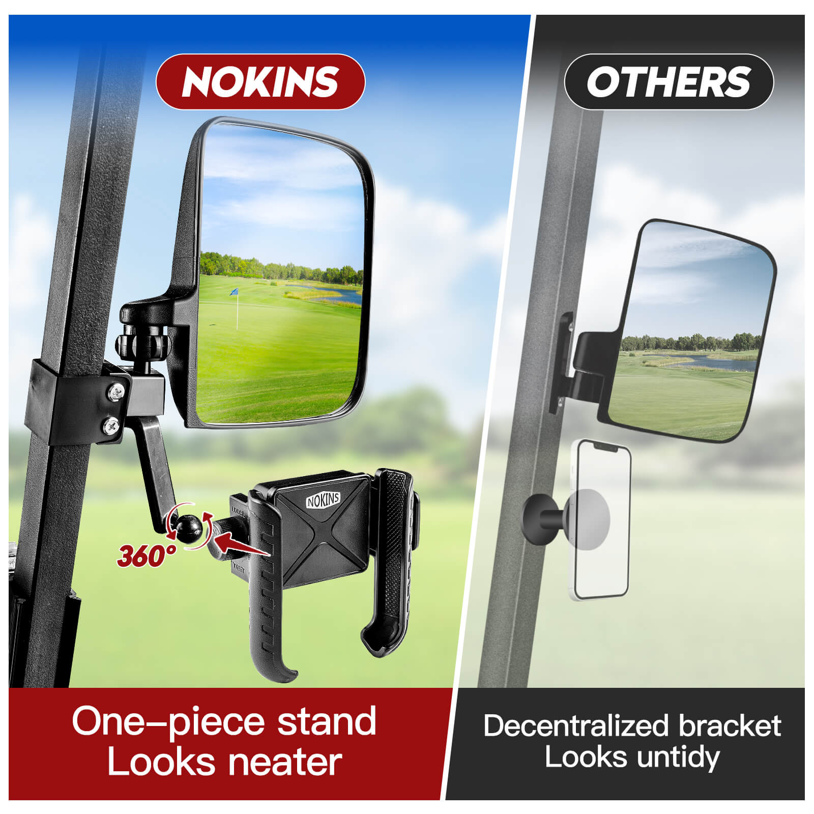 NOKINS 2-in-1 Golf Cart Side Mirrors & Phone Holder | No Drilling | Fits Club Car, EZGO TXT RXV, Yamaha | 0.75"/1"/1.25" Square Tube | 180° Adjustable