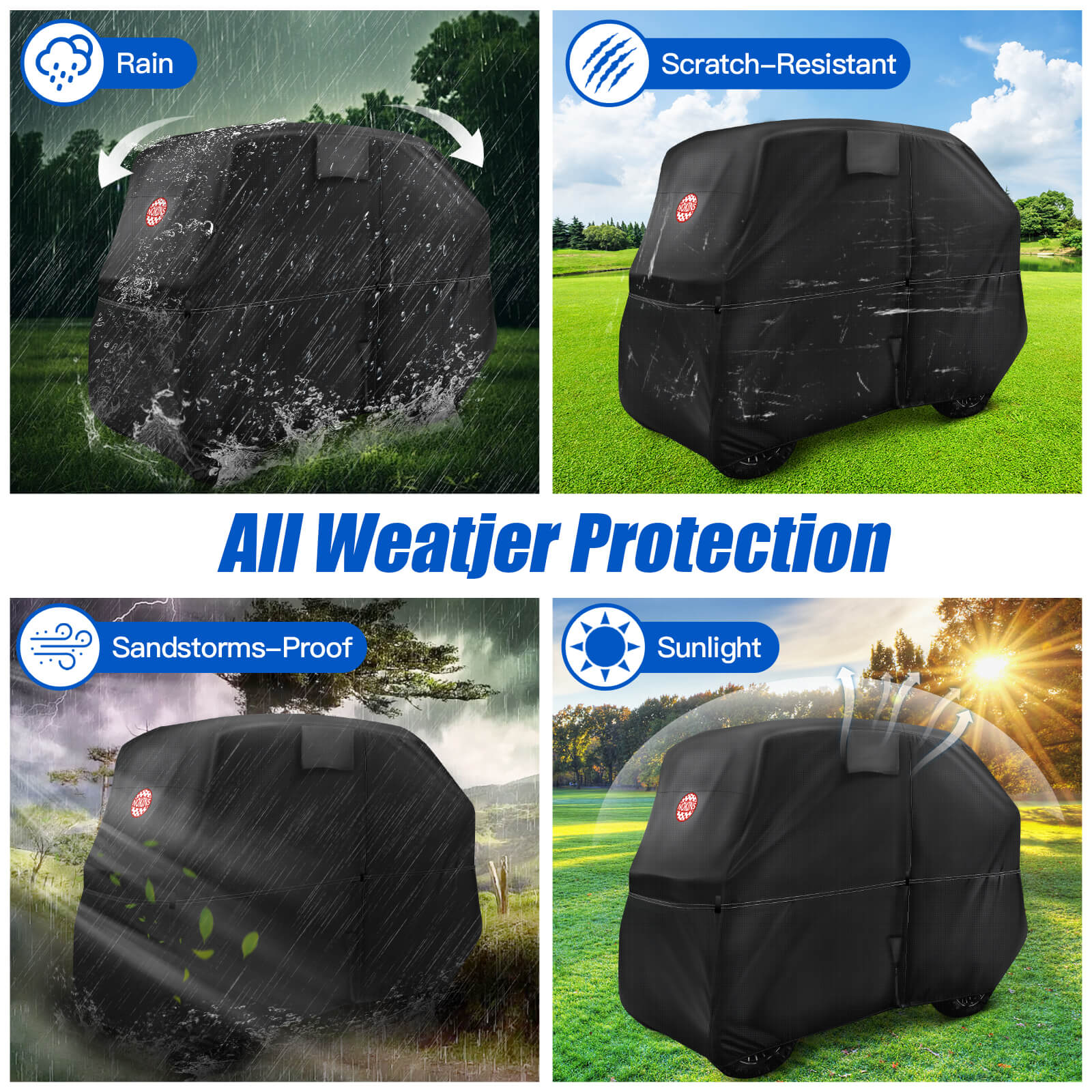 NOKINS 420D Waterproof Golf Cart Cover | 2+2 Seater | Fits EZGO/Club Car | Windproof, Double Zipper Doors, Black