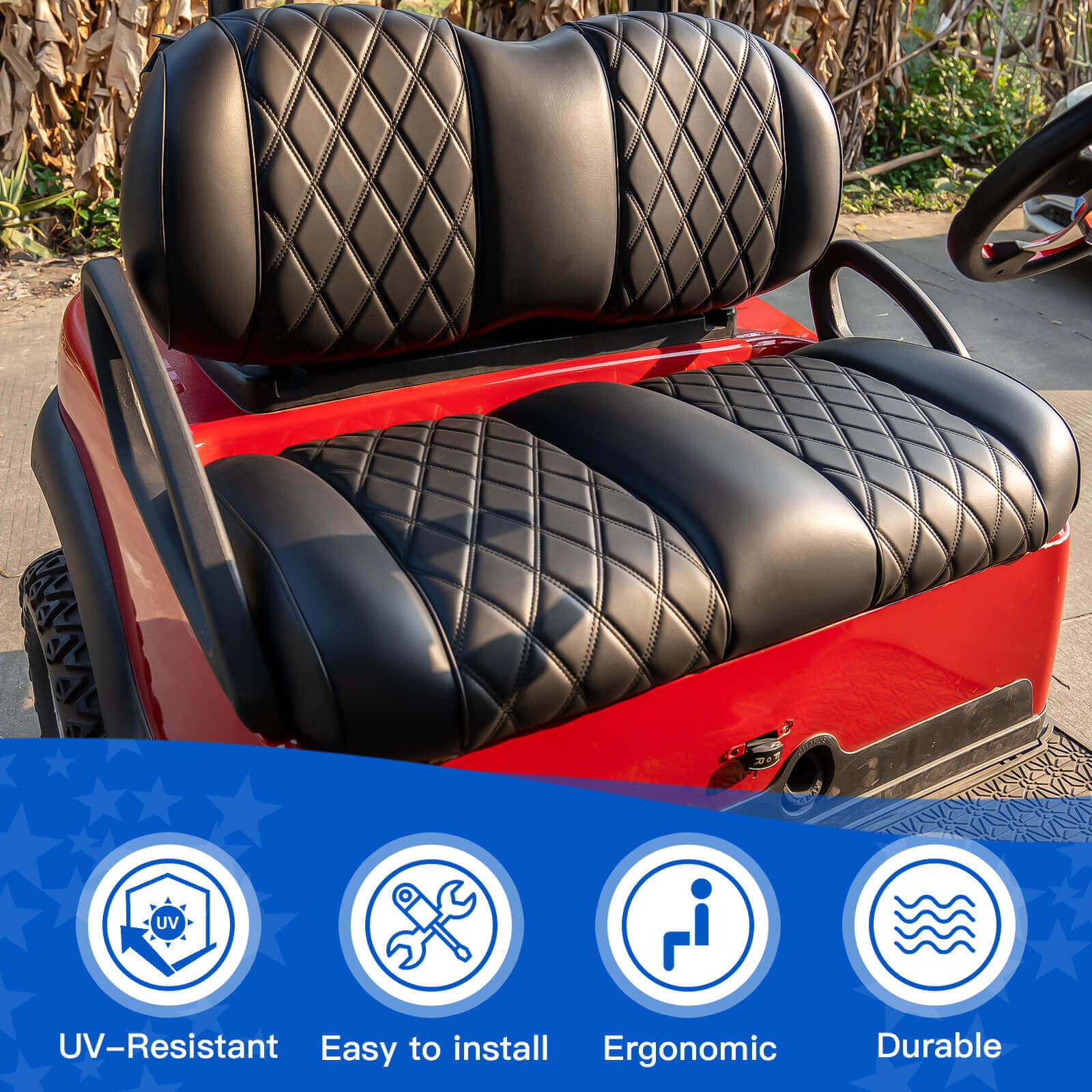 NOKINS Golf Cart Front Seat Kit | Fits Club Car Precedent 2012+/Tempo/Onward | Seat Back & Bottom, Black&Black Piping