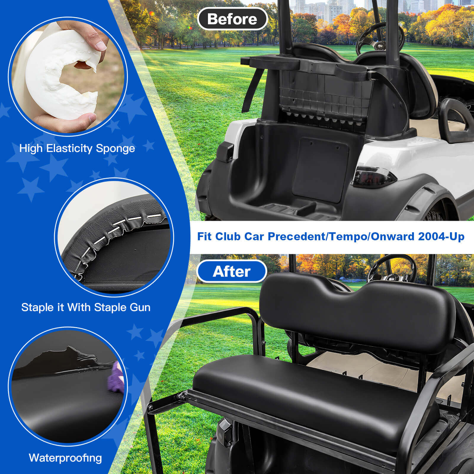 NOKINS Golf Cart Black Rear Flip Seat Kit for Club Car Precedent/Tempo/Onward 2004-Up | 1.25 Inch Steel Frame