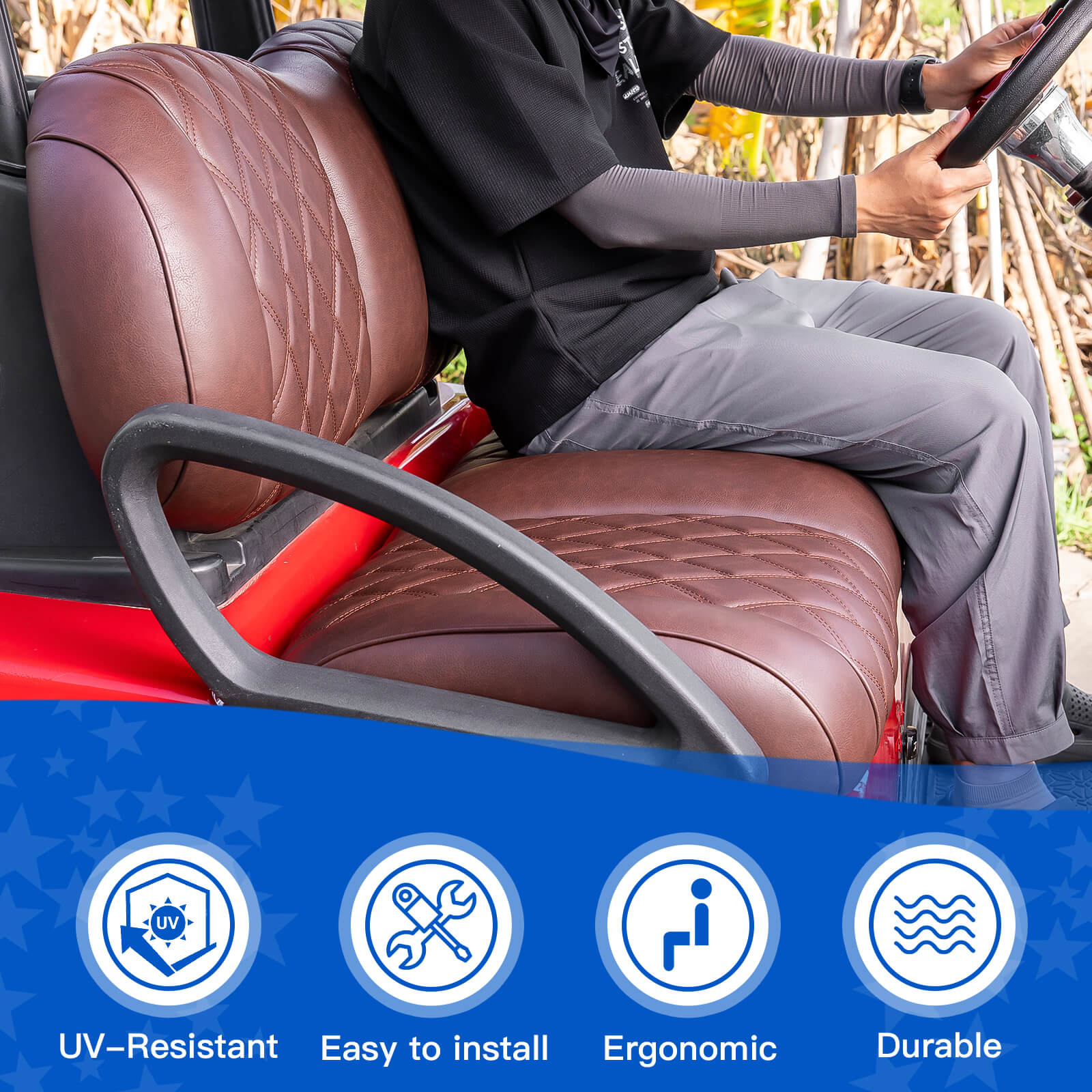 NOKINS Golf Cart Seat Kit Fit Club Car Precedent 2012+/Tempo/Onward, Premium Front Seat Cushion Including Seat Back&Bottom Assembly(Brown&Brown 8438)