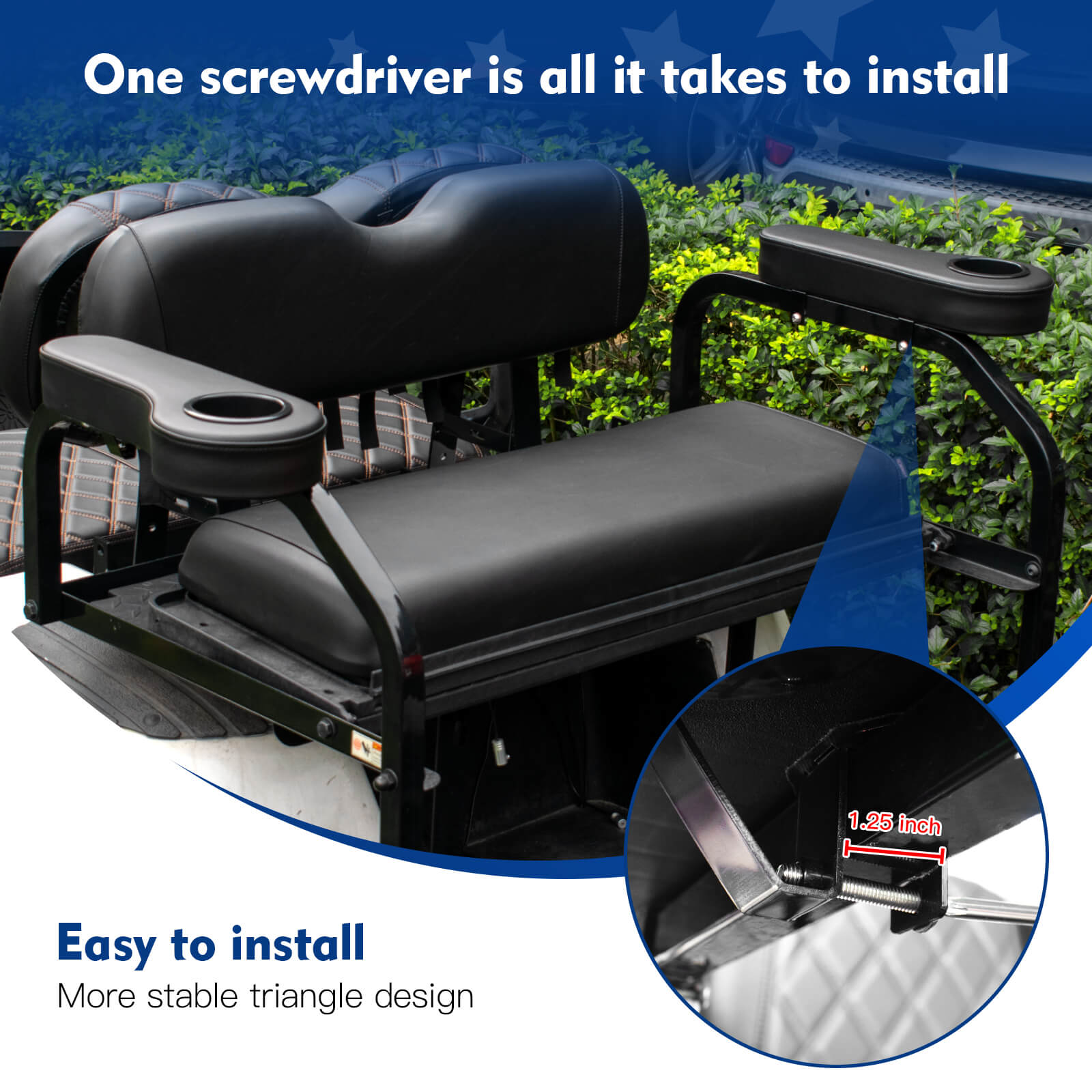 NOKINS Golf Cart Armrest with Cup Holder | Fits EZGO, Club Car, Yamaha & Most Carts | Stainless Steel Frame, No Drilling | Fits 1 1/4" Square Tube