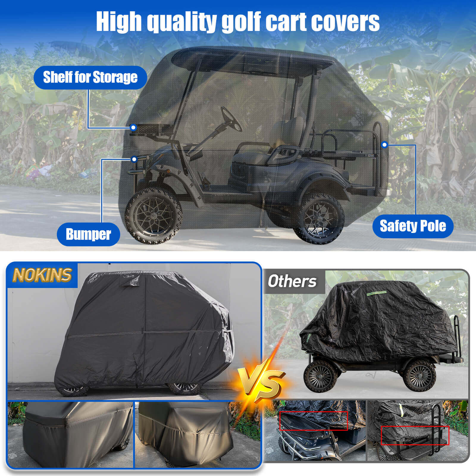 NOKINS 420D Waterproof Golf Cart Cover | 2+2 Seater | Fits Yamaha Drive/Drive 2 | Windproof, Double Zipper Doors, Black