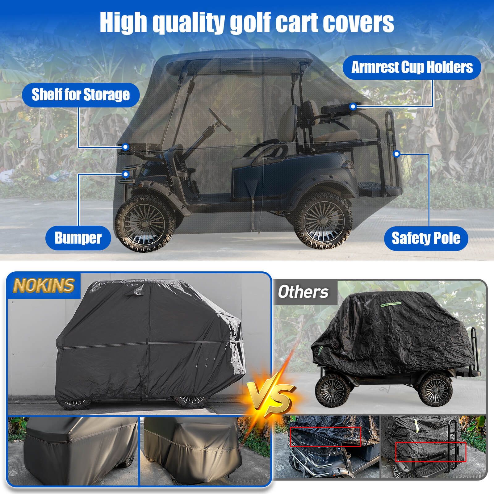 NOKINS 420D Waterproof Golf Cart Cover | 2+2 Seater | Fits EZGO/Club Car | Windproof, Double Zipper Doors, Black